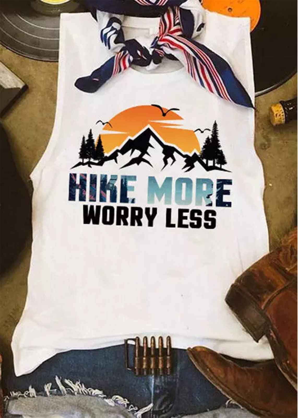 Funny Women's Hiking Tank Top - 'Hike More Worry Less' Slogan Camping Shirt for Outdoor Adventures, Group Activities & Casual Wear | Perfect for Summer Hikes, Music Festivals & Beach Trips