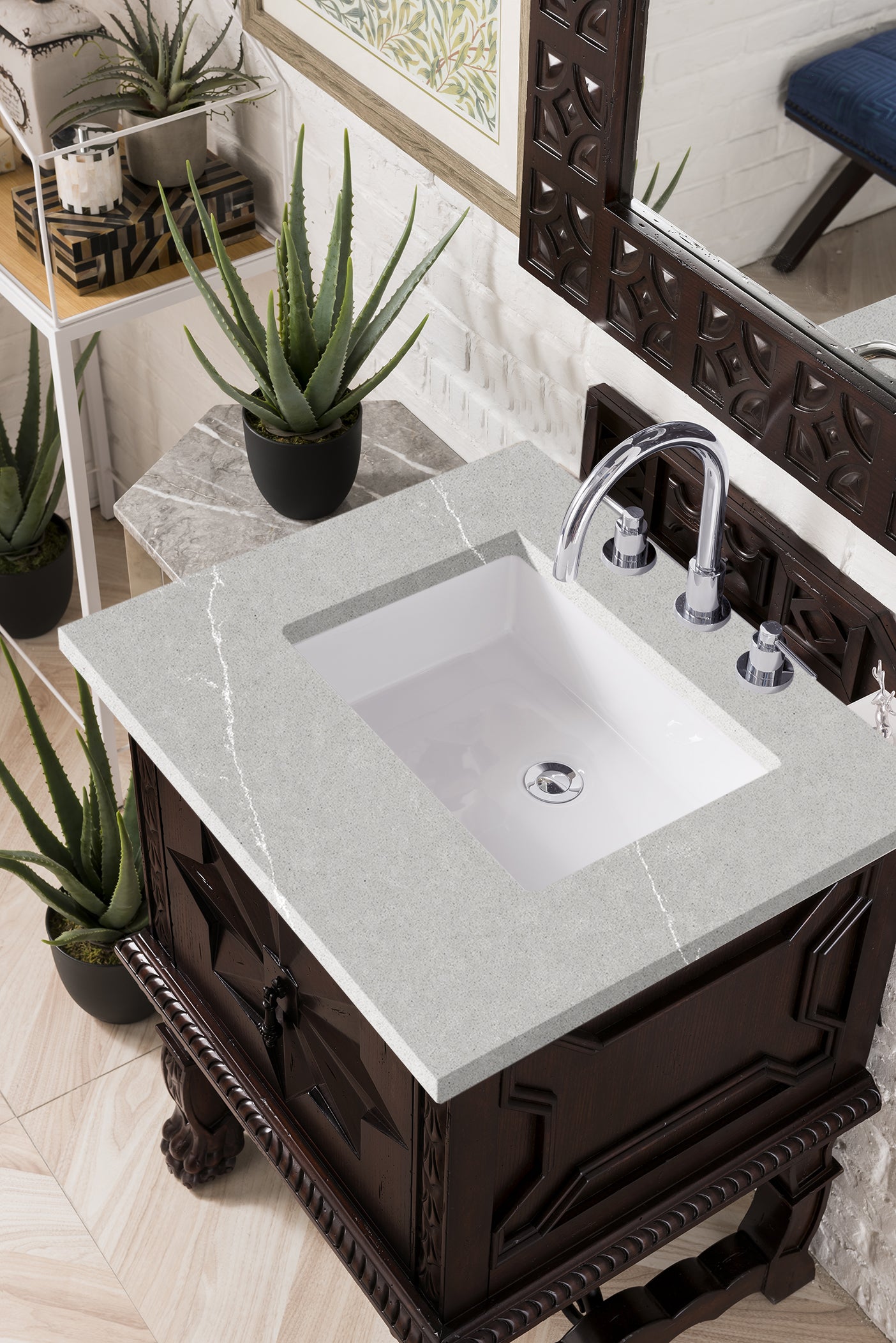 Balmoral 26 Inch Single Bathroom Vanity Set with 3CM Eternal Serena Quartz Countertop - Antique Walnut Finish - Perfect for Small Bathrooms & Powder Rooms