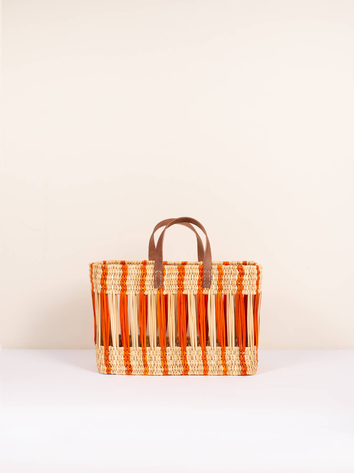 Handwoven Orange Stripe Decorative Reed Basket - Boho Home Decor for Living Room, Bedroom & Bathroom Storage
