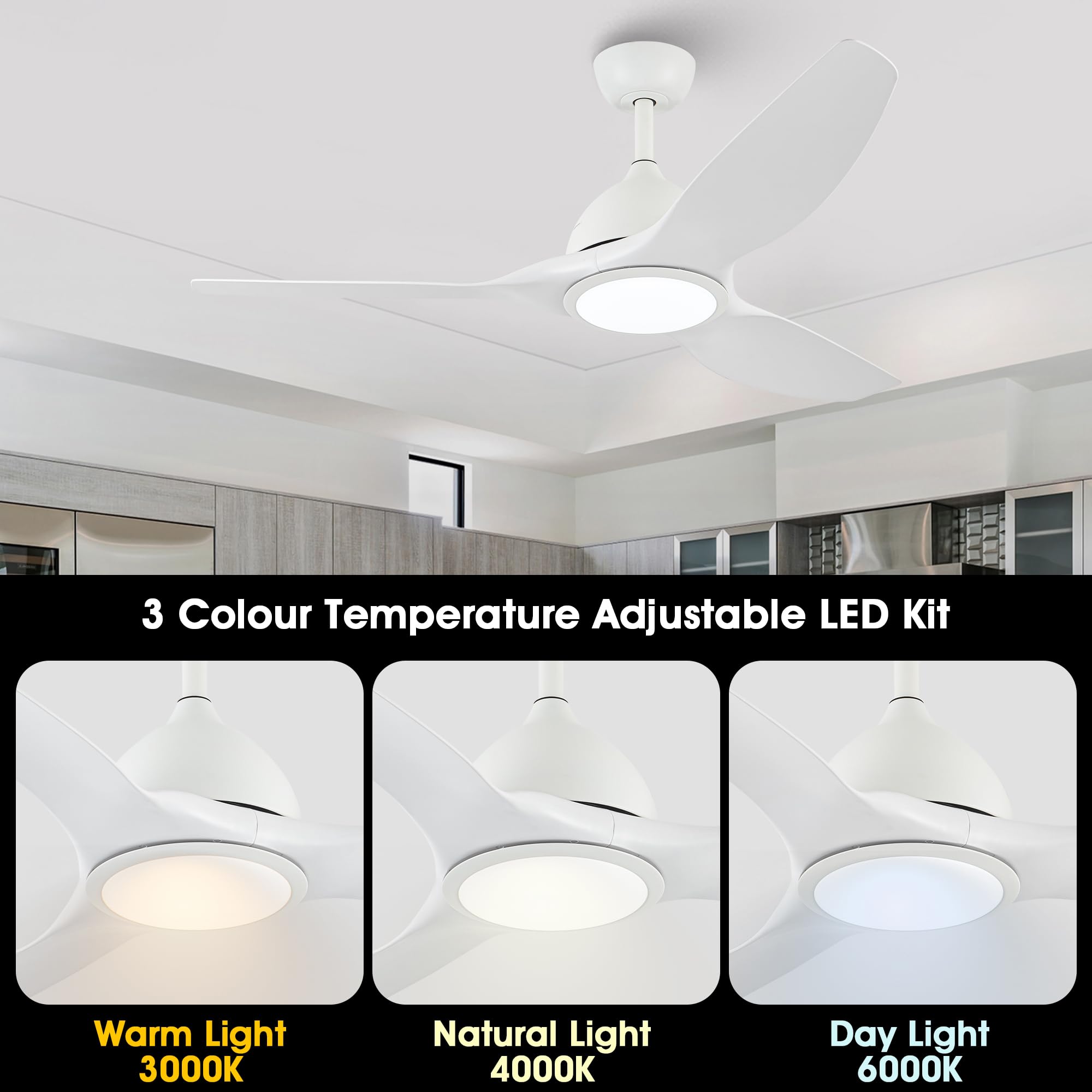52 Inch Smart Ceiling Fan with LED Light and Remote Control - Quiet DC Motor, 3 Color Temperatures, ABS Blades - Perfect for Bedroom, Living Room, and Office (White)