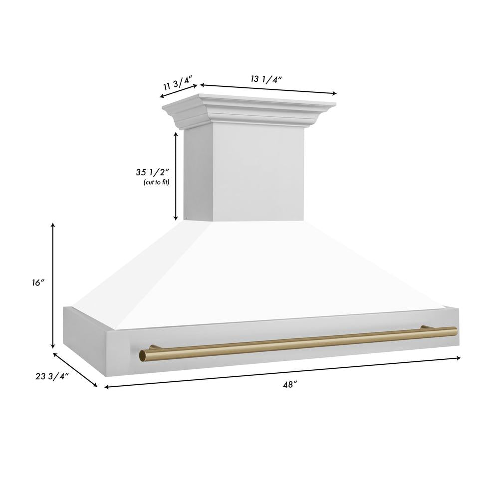 ZLINE Autograph Edition 48-inch Stainless Steel Dual Fuel Range with White Matte Door, Range Hood & Dishwasher - Champagne Bronze Accents (3AKP RAWMRHDWM48 CB) | Premium Kitchen Package for Modern Homes & Professional Chefs