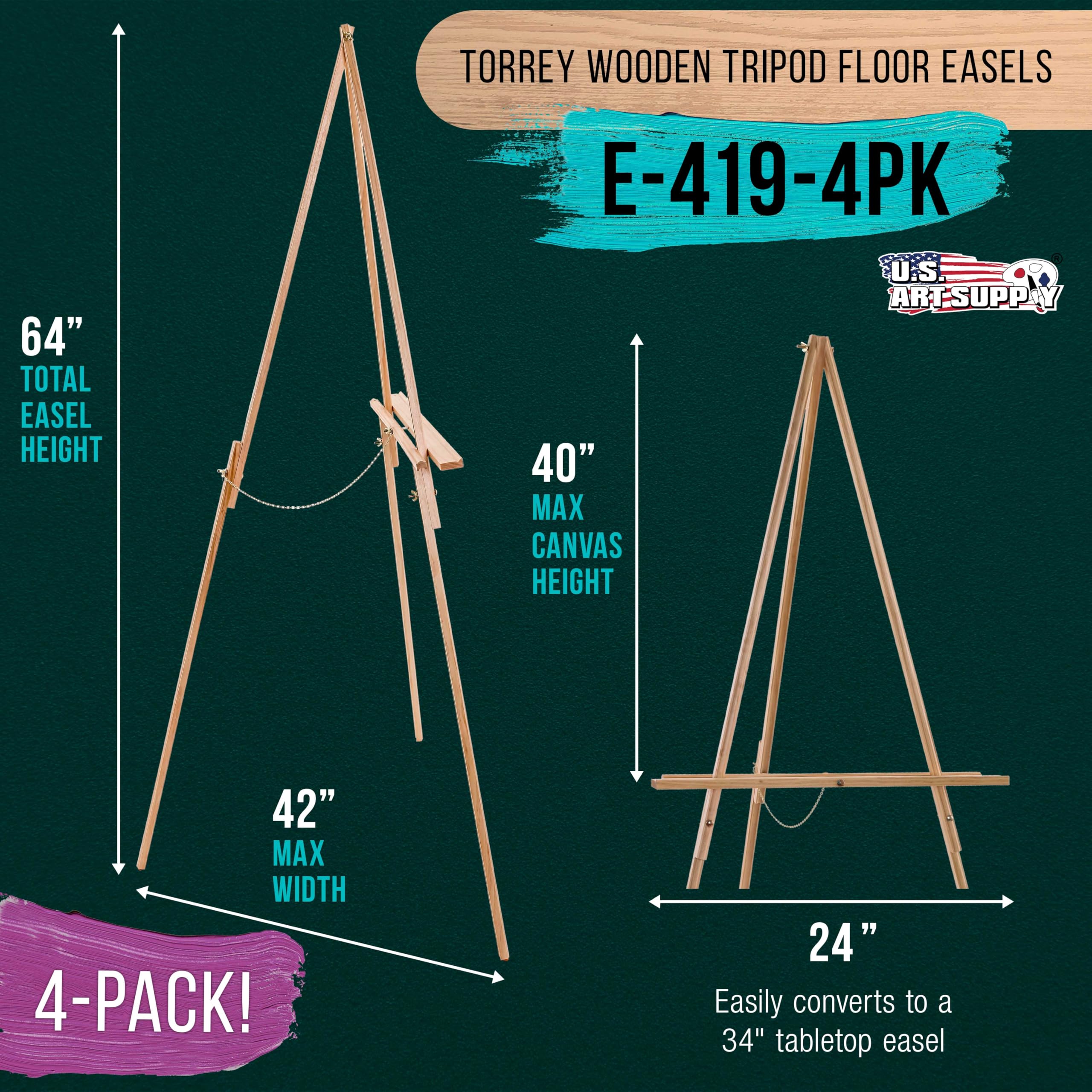 U.S. Art Supply 4-Pack 64 Inch Adjustable Wooden Easel Stand Tripods - A-Frame Display for Painting, Drawing, Canvas, Photos & Signs - Lightweight Pinewood Studio Easel with Adjustable Tray (40 Inch Canvas Capacity) - Perfect for Artists, Classrooms & Home Studios