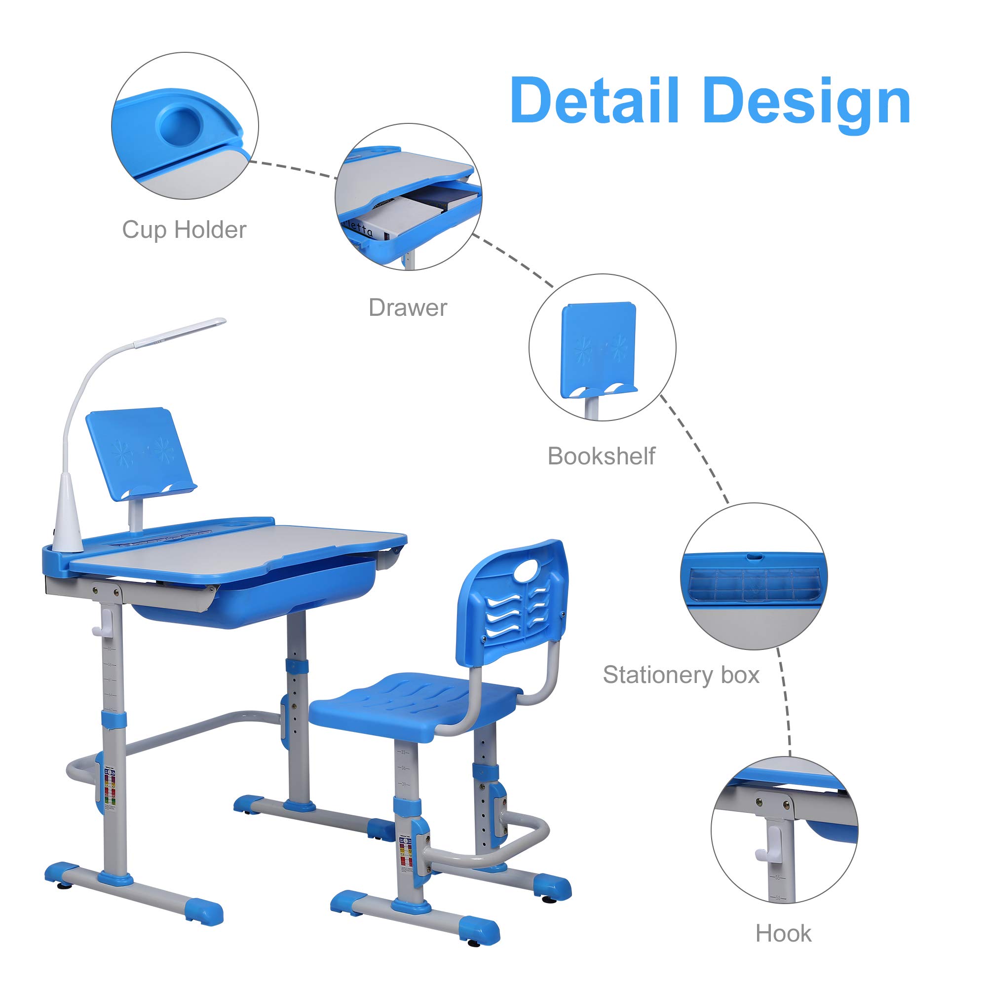 Adjustable Kids Desk and Chair Set with LED Light & Storage - Ergonomic Study Table for Children, Tilt Desktop, Book Stand - Perfect for Homework, Reading & Online Learning (Blue)