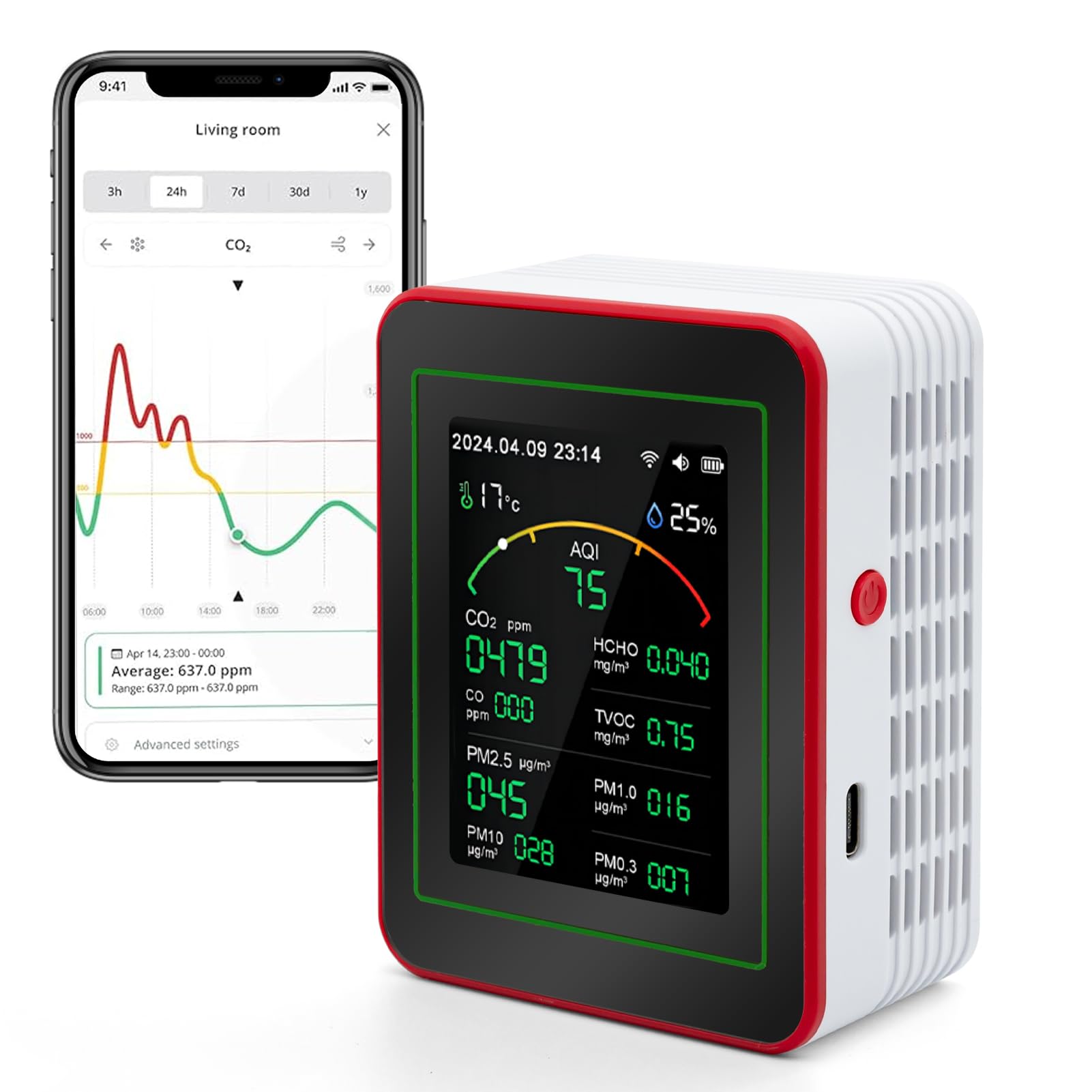 15-in-1 Air Quality Monitor with WiFi & Mobile App - Detects CO, CO2, HCHO, TVOC, AQI, PM0.3-10, Temperature & Humidity - Digital Alarm Clock with Timer & Alerts (White/Red) for Home, Office & Baby Room Air Monitoring