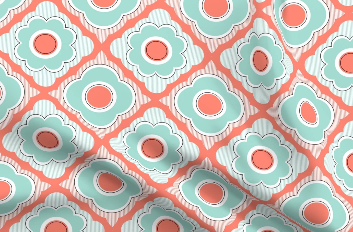 Mod Flowers Mint Coral Black White Floral Printed Minky Fabric Fat Quarter - Soft Baby Blanket Material, Quilt Backing & Plush Toy Fabric for DIY Sewing Projects - Perfect for Nursery Decor, Gift Making & Crafting