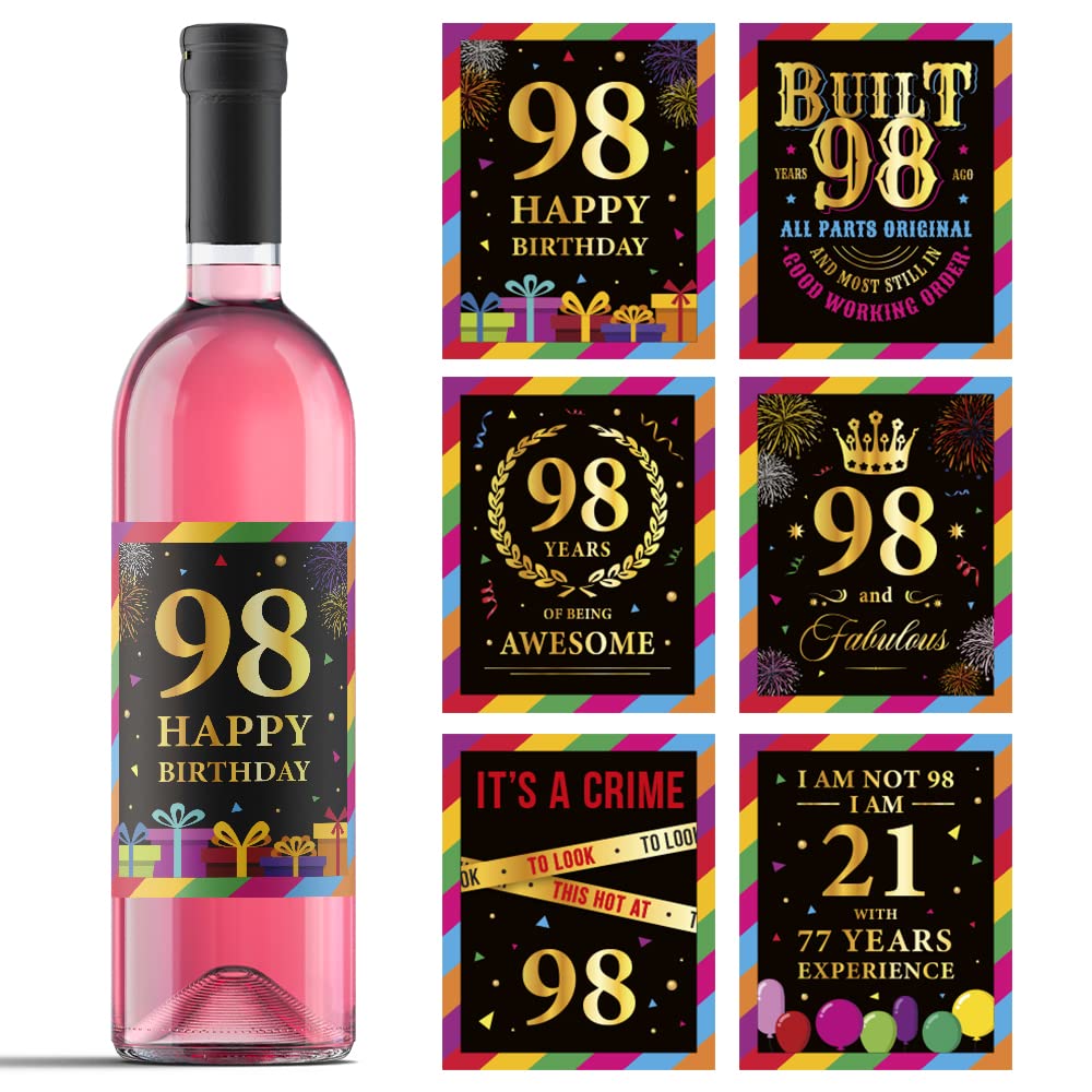 98th Birthday Wine Bottle Labels - Set of 6 Personalized Wine Stickers for 98 Year Old Birthday Party Decorations - Perfect Gift Idea for Anniversary Celebrations - Great for Wine Gifts, Milestone Birthdays & Special Occasions