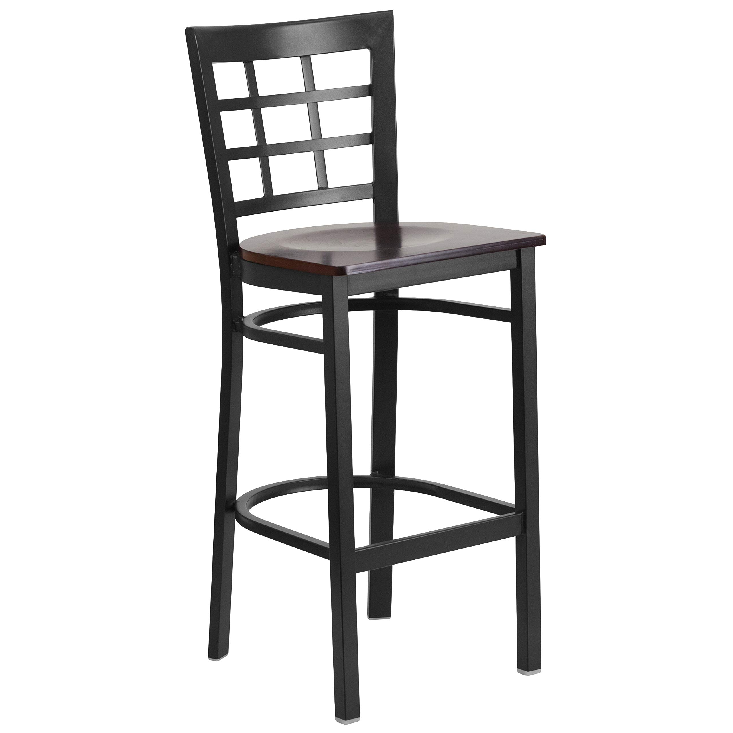 2 Pack Black Metal Bar Stools with Walnut Wood Seat - Heavy Duty Restaurant & Kitchen Counter Stools for Home, Cafe, and Bar Use
