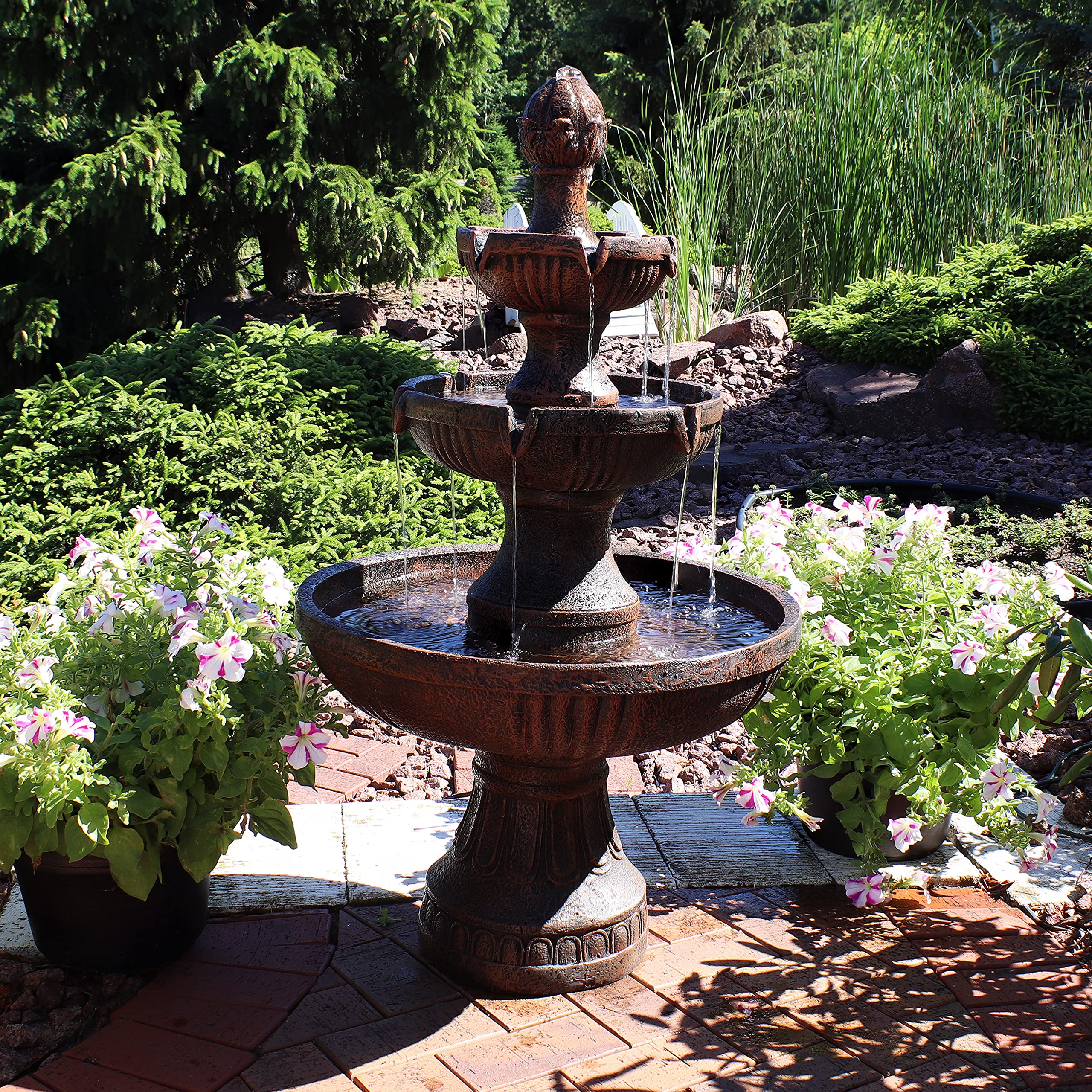 Sunnydaze 43-Inch 3-Tier Electric Water Fountain with Flower Blossom Design - Outdoor Garden Water Feature in Earth Finish - Perfect for Patio, Yard, and Landscape Decor