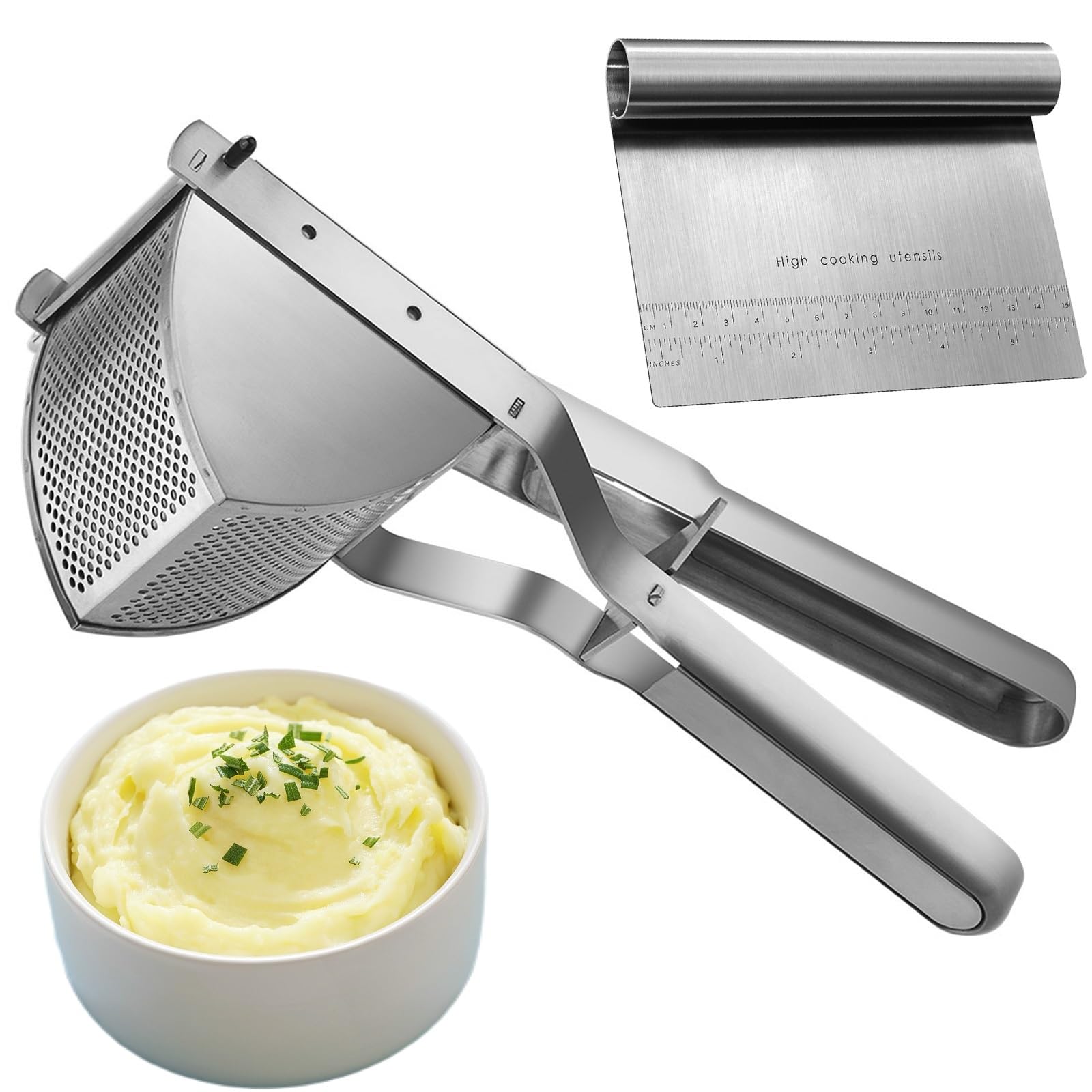 Premium Stainless Steel Potato Ricer with Dough Scraper - Professional Mashed Potato Maker, Baby Food Press & Gnocchi Tool - Dishwasher Safe Kitchen Essential for Home Cooking & Meal Prep
