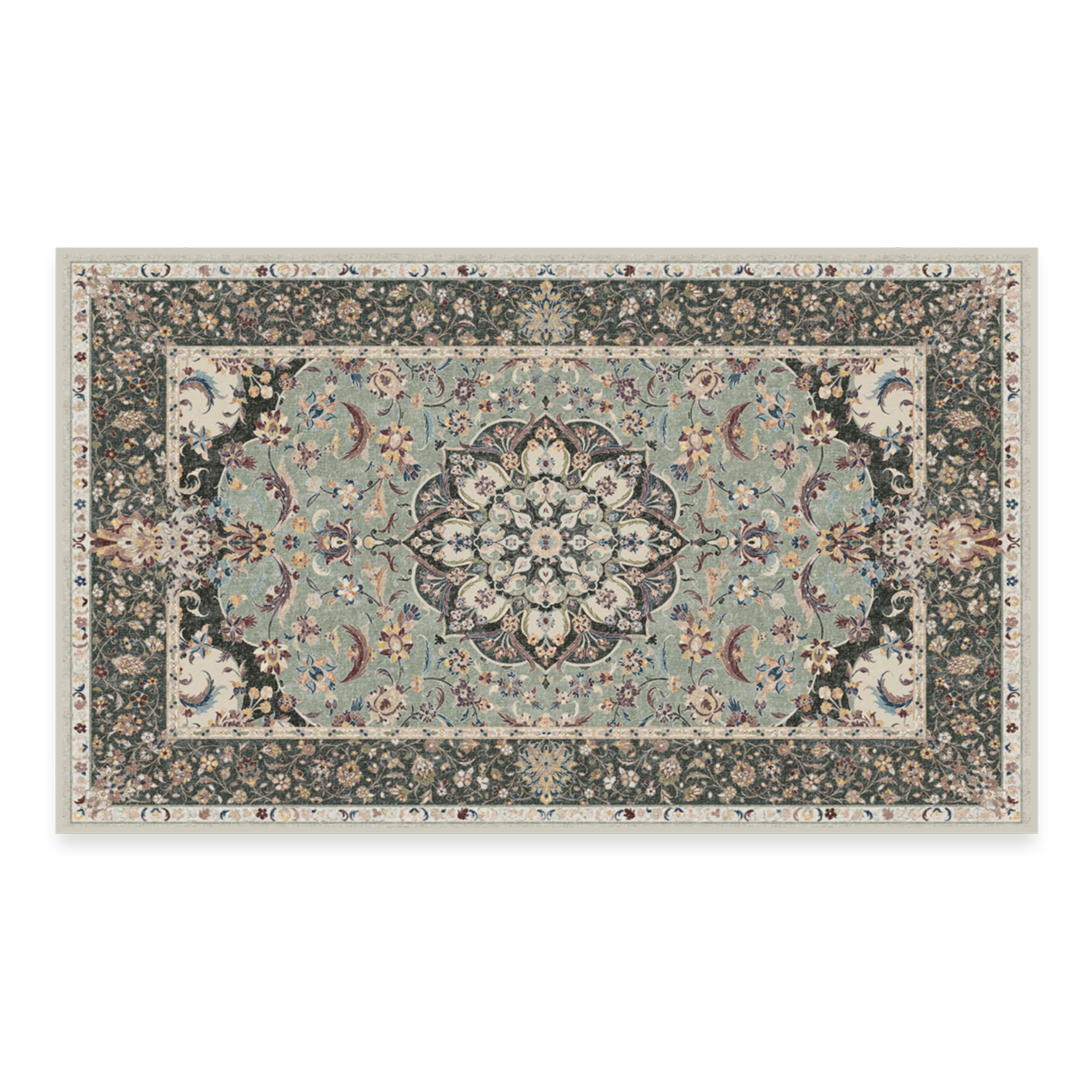 Washable 3x5 Area Rug - Premium Vintage Sima Sage Design | Non-Slip Gripper Pad | Perfect for Living Room, Bedroom, Kitchen, Office & Classroom | Easy-Clean Home Decor