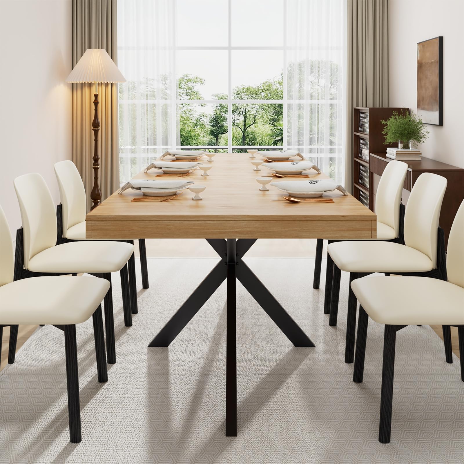55''-70.9'' Extendable Wooden Dining Table for 4-8 People, Expandable Rectangle Farmhouse Table with Hidden Storage - Solid Oak Kitchen & Office Furniture for Dining Room, Family Gatherings and Small Spaces