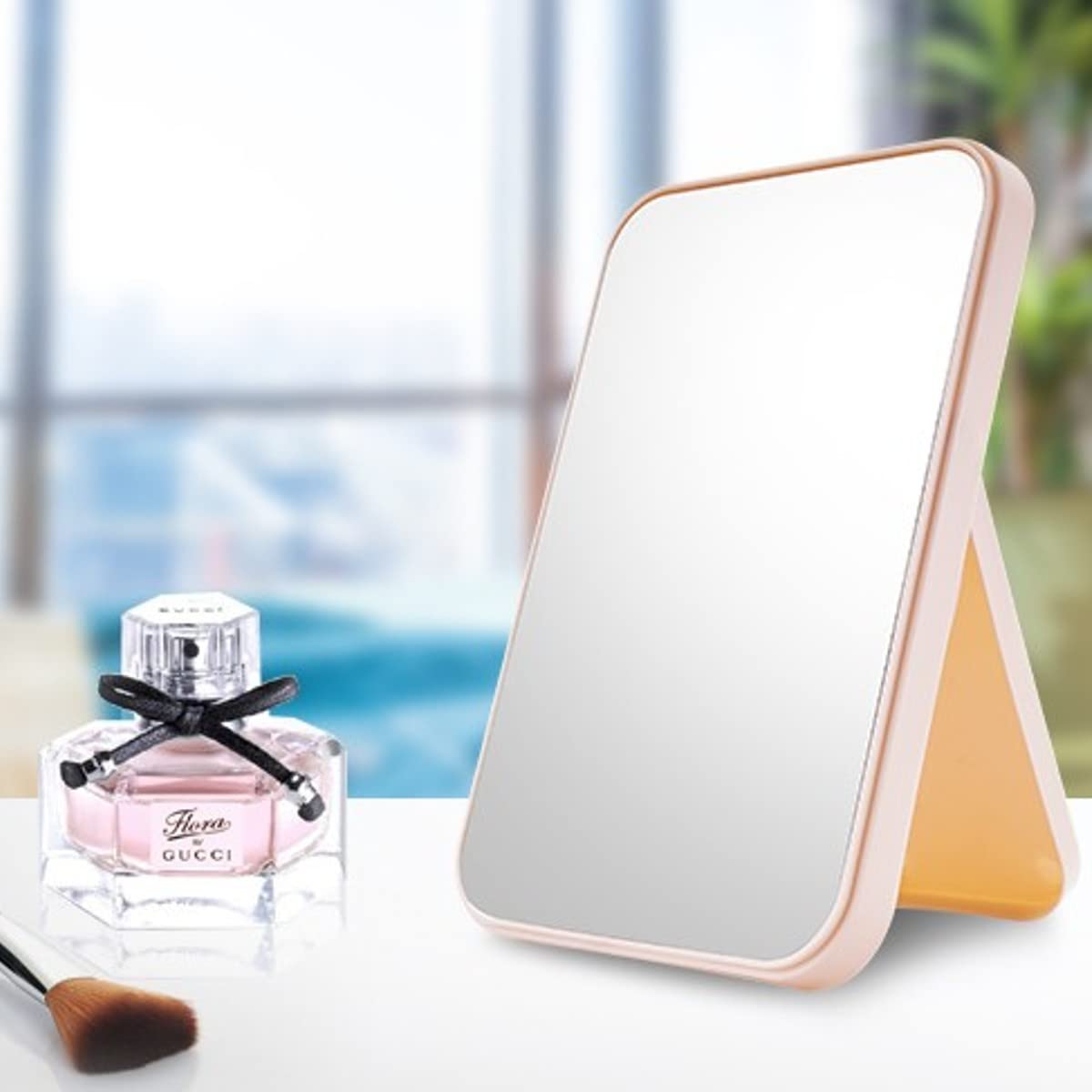 Leeonz Foldable Desktop Makeup Mirror with Stand - Portable Rectangle Vanity Mirror for Women & Girls, Pink | Perfect for Home, Travel & Dorm Room Beauty Routine