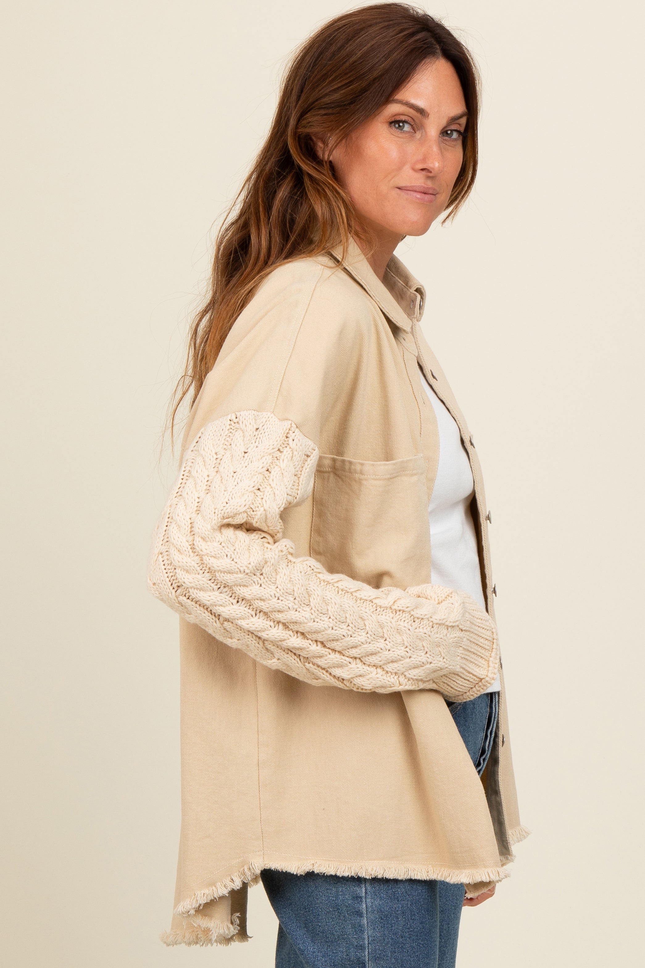 Beige Denim Cable Knit Contrast Jacket for Women - Stylish Winter Coat with Warm Knit Lining | Perfect for Casual Outings, Office Wear & Fall Fashion