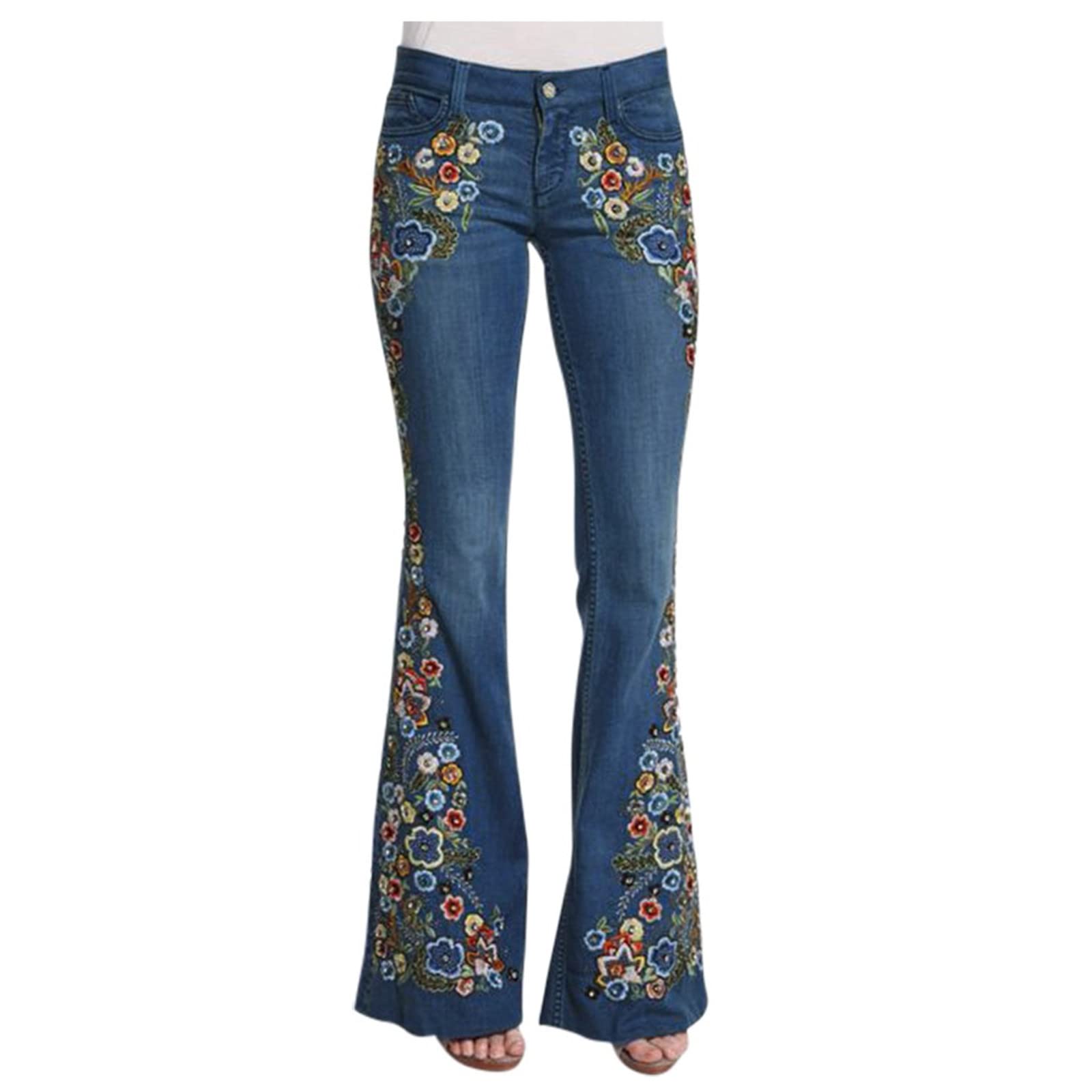 Women's Bell Bottom Jeans - Flared Embroidered Floral Wide Leg Denim Pants with Stretch, Low Rise Flare Leg Design | Perfect for 70s Retro Fashion, Boho Outfits & Casual Wear