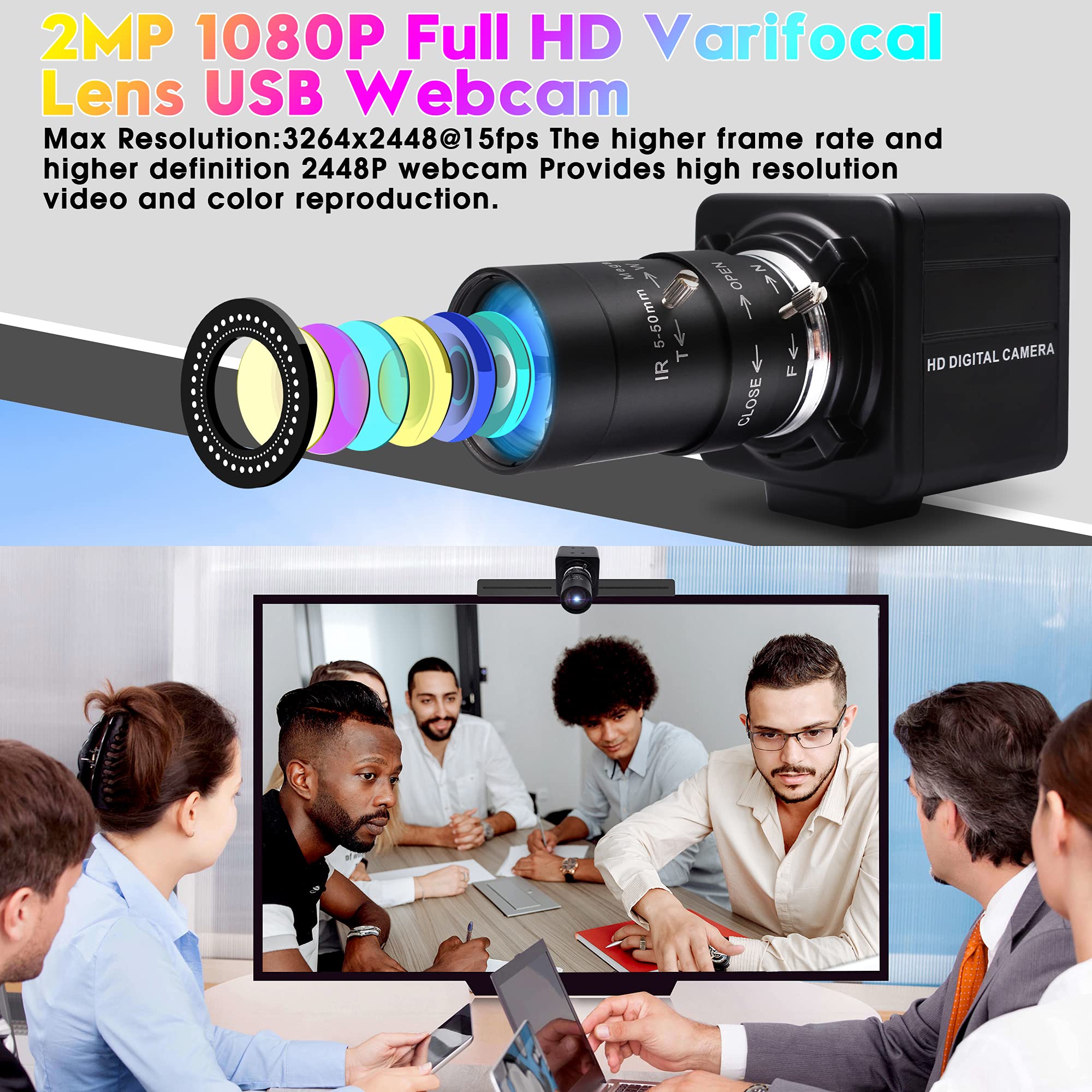 1080P HD USB Webcam with Built-in Microphone, 5-50mm Manual Zoom & Variable Focus for PC/Laptop - UVC USB 2.0 Plug & Play Computer Camera for Video Conferencing, Online Classes, Live Streaming & Close-up Photography