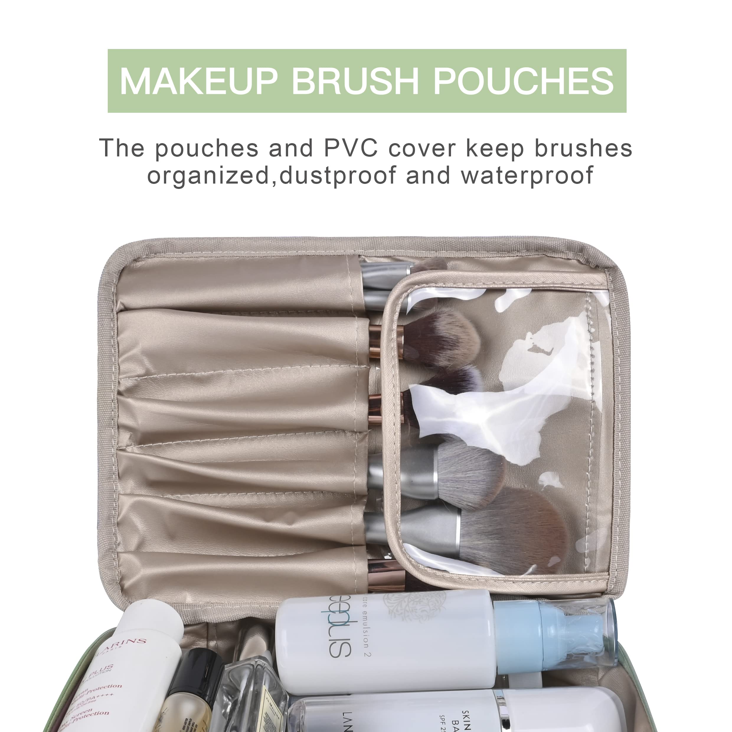 Large Waterproof Makeup Bag for Travel - Cosmetic Organizer with Brush Storage, Toiletry Case for Women & Girls - Perfect for Home, Office & Vacation - Green