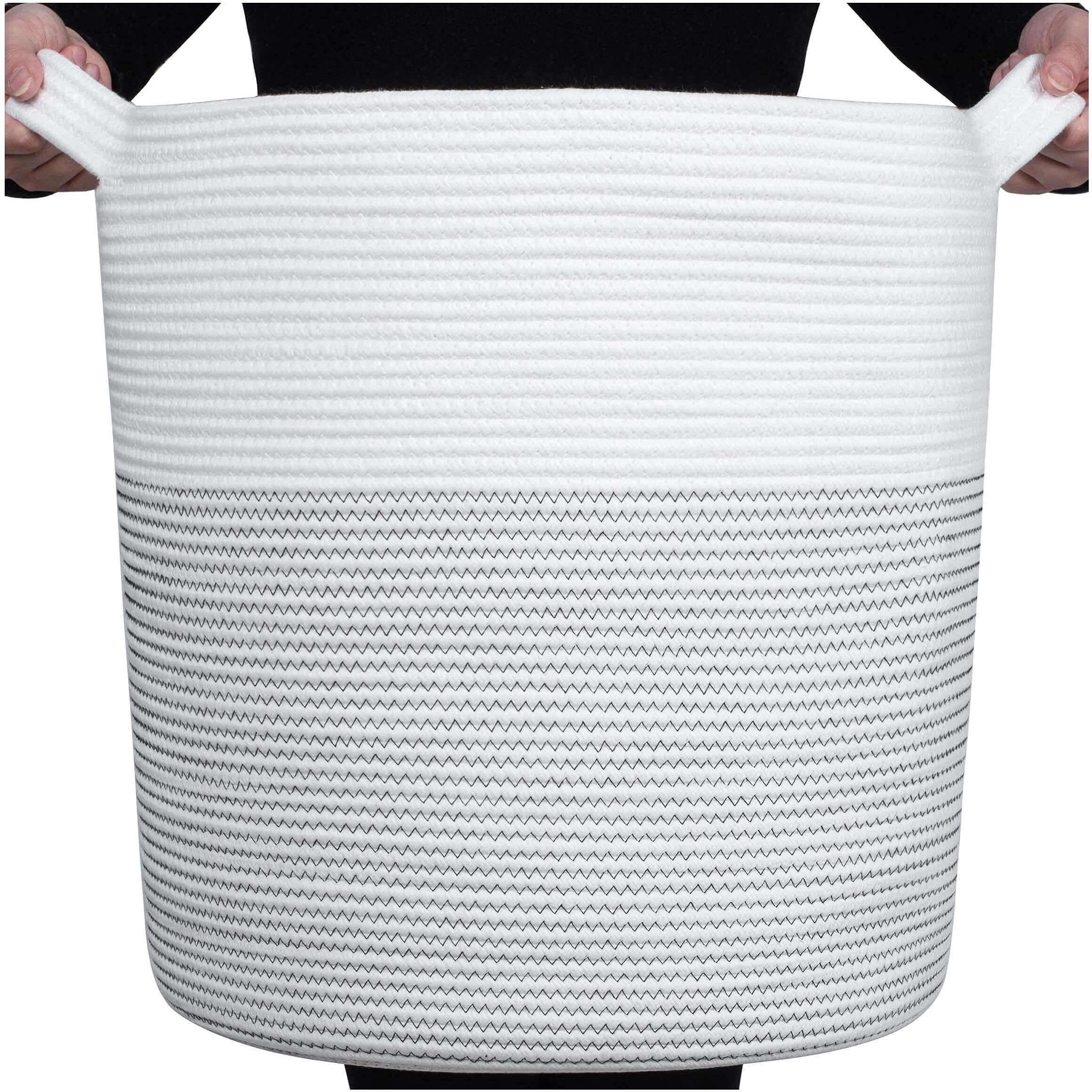 MINTWOOD Extra Large 20x18 Inch Woven Cotton Rope Storage Basket - Laundry Hamper, Blanket Organizer, Decorative Round Basket for Living Room, Bedroom, Nursery - Holds Pillows, Towels, Toys (Black Stitched) - Perfect for Home Organization & Cozy Decor
