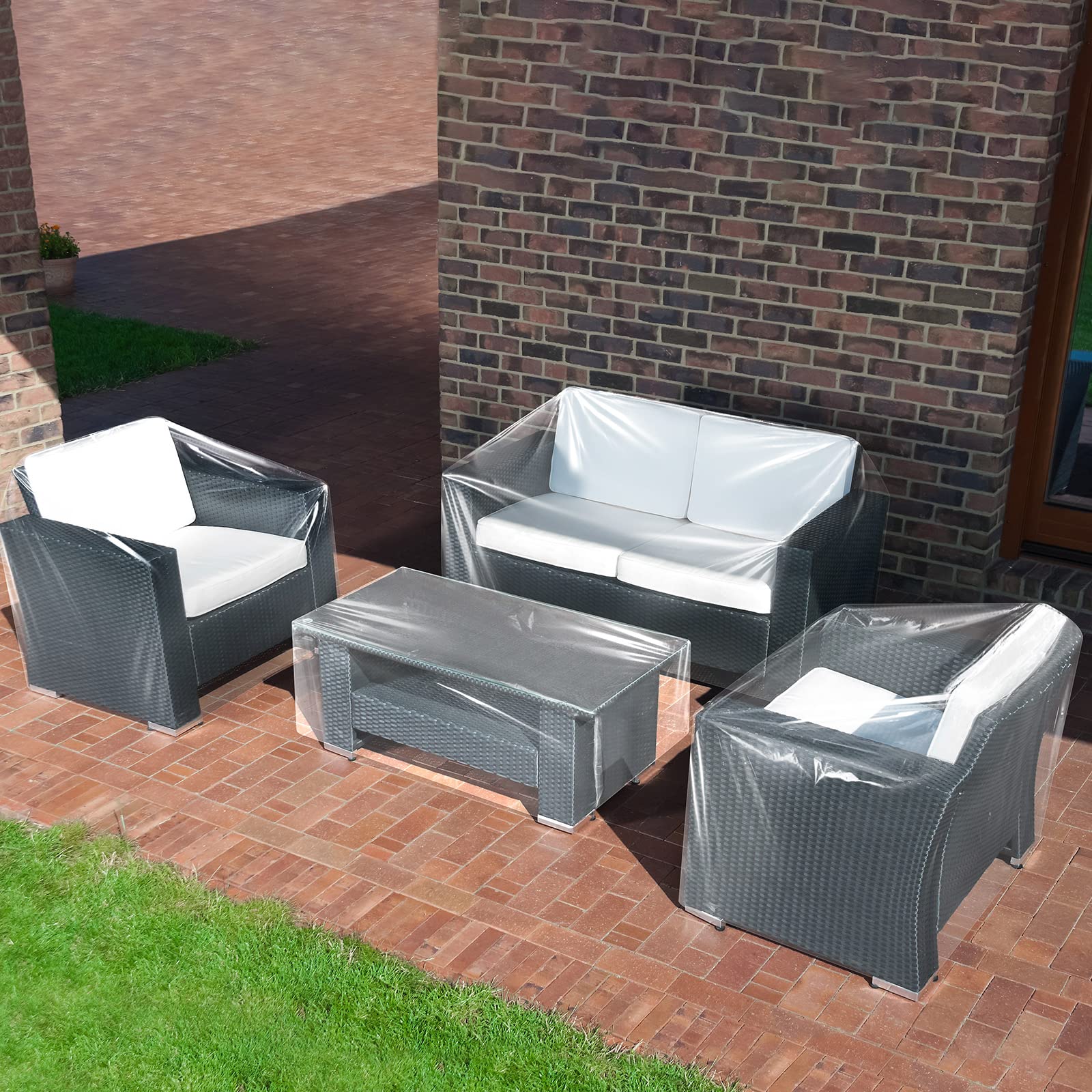 Hoolerry 4-Pack Clear Heavy Duty Waterproof Outdoor Furniture Covers for Sofa & Table - 32x30x30, 52x30x30, 36x21x13 Inch - Durable Plastic Patio Set Protector for Rain, Snow & UV Protection - Perfect for Garden, Deck & Backyard Furniture