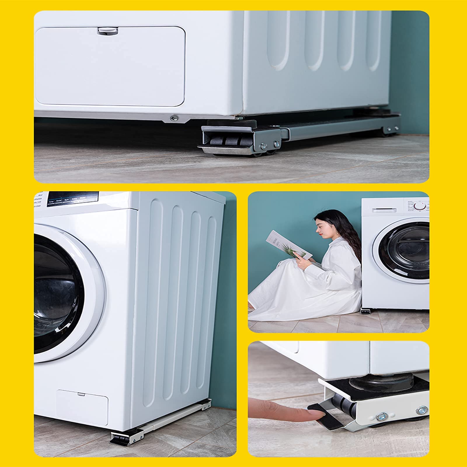 Adjustable Mobile Washing Machine Stand Base & Refrigerator Base with Roller Wheels - Heavy Duty Appliance Trolley for Laundry Room & Kitchen (Black) - Perfect for Moving and Leveling Appliances in Tight Spaces