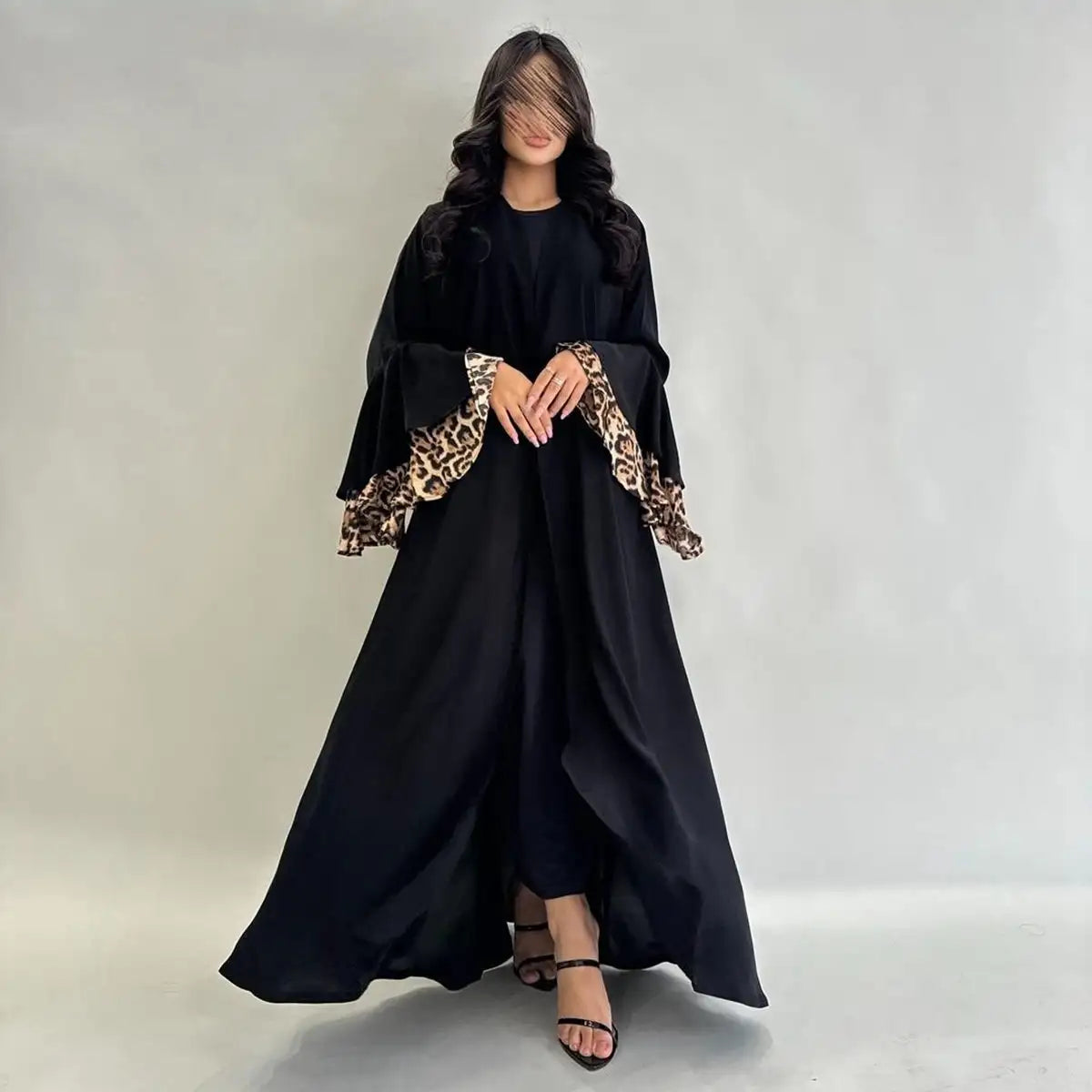 Leopard Print Cuff Cardigan Open Abaya Dress - Stylish Long Sleeve Kimono Cover Up for Women, Perfect for Casual Outings, Prayer Dresses & Boho Fashion