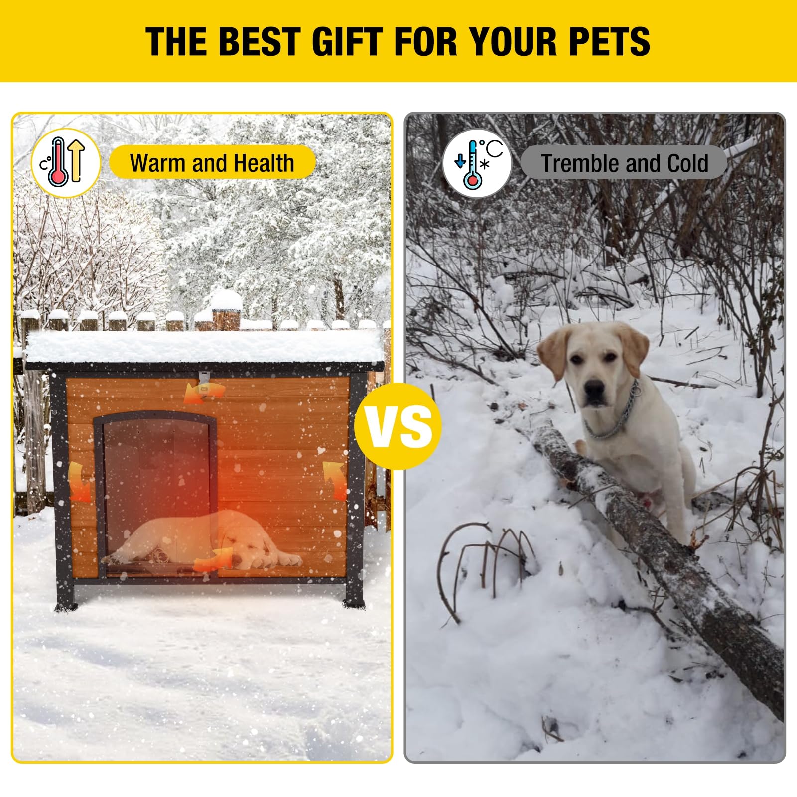 Insulated Outdoor Dog House with Liner - Winter-Proof Wooden Dog Kennel with Sturdy All-Around Iron Frame & Waterproof Design | Perfect for Cold Weather, Backyard, and Pet Safety