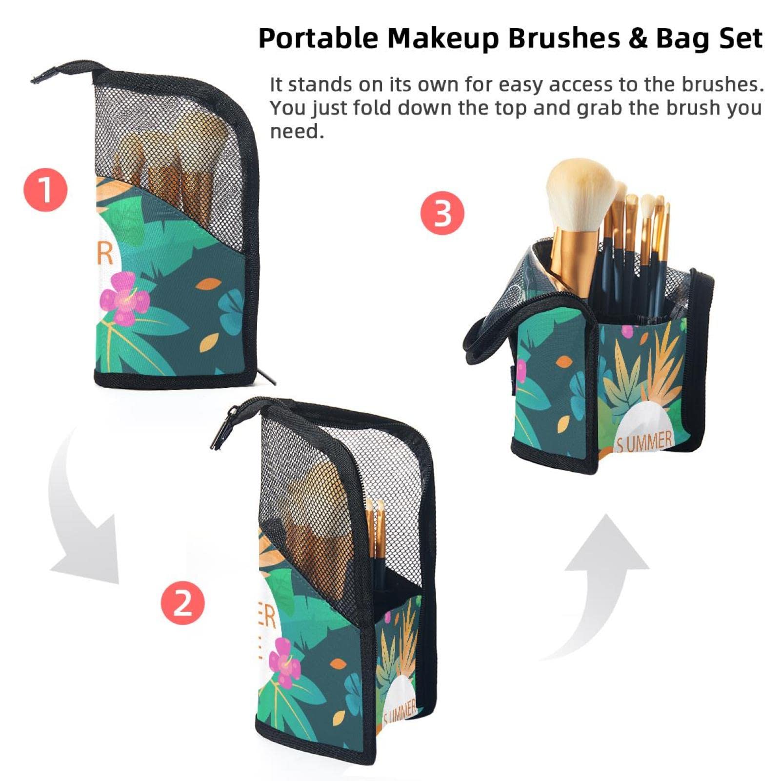 12-Piece Makeup Brush Set with Tropical Leaf Design Organizer Bag - Portable Travel Cosmetic Brush Holder for Professional & Home Makeup Application