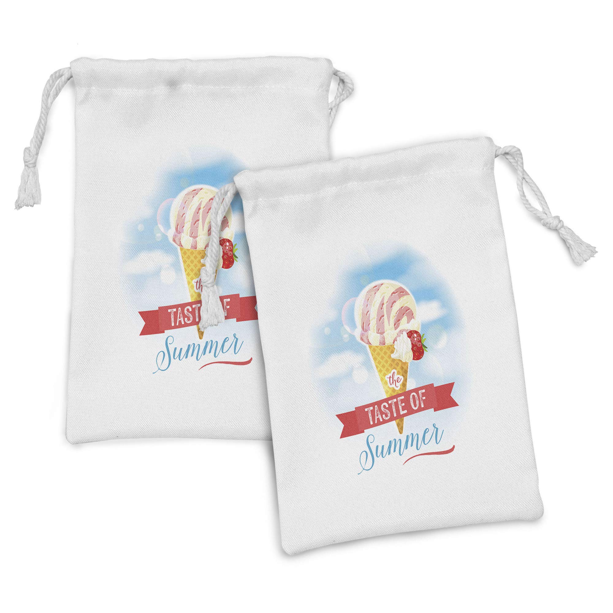 Ambesonne Ice Cream Fabric Pouch Set of 2 - Summer Themed Drawstring Bags with Cone & Strawberry Print, 9