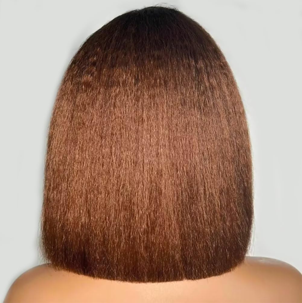 13x6 Yaki Straight Lace Front Wig - Ombre Brown Kinky Straight Short Bob Human Hair Wig for Women | Brazilian Virgin Yaki Human Hair | Blunt Cut Bob with Pre-Plucked Baby Hair (12 Inch) | Perfect for Daily Wear, Cosplay & Special Occasions
