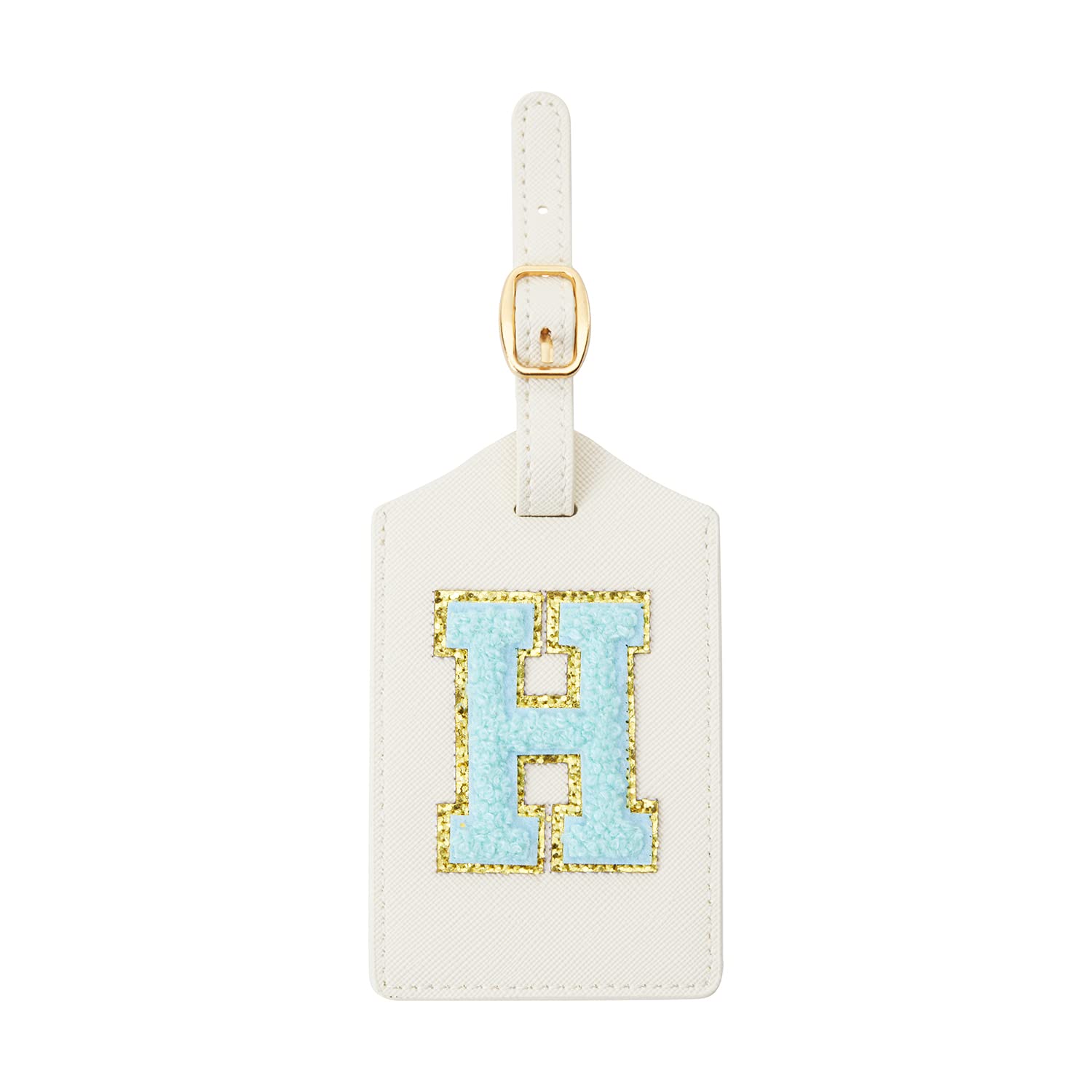 Personalized PU Leather Monogram Luggage Tag - Custom Embroidered Initial Letter (H) for Suitcases, Bags & Travel Accessories | Durable White Leather with Blue Stitching | Perfect for Air Travel, Business Trips & Vacation