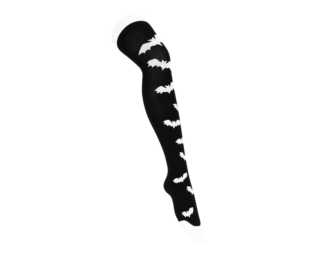 Black Knit Bat Thigh High Socks for Women - Gothic Halloween Stockings, Cosplay & Party Outfit Accessories - Perfect for Halloween Costumes, Cosplay Events and Gothic Fashion