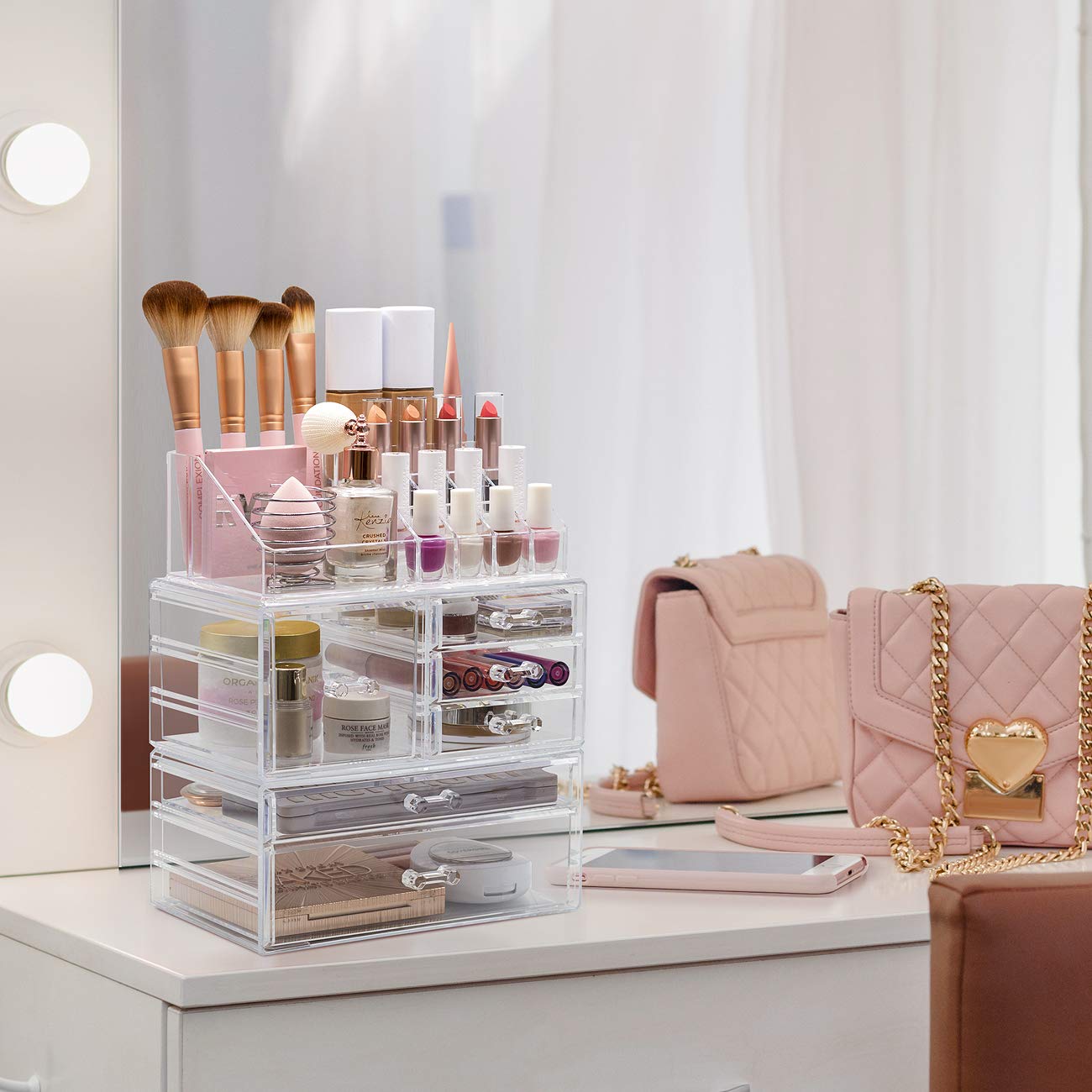 Sorbus Large Clear Makeup Organizer - Detachable 3-Piece Jewelry & Cosmetic Storage Set - Spacious Vanity Display Tower for Makeup Brushes, Lipsticks & Skincare - Perfect for Bedroom, Bathroom & Dresser Organization