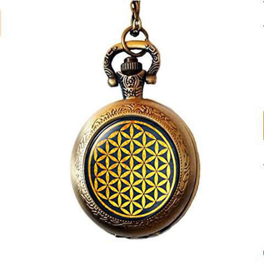 Flower of Life Stud Pocket Watch Necklace | Sacred Geometry Seed of Life Mandala Pendant | Vintage Steampunk Jewelry for Women & Men | Perfect for Boho Fashion, Spiritual Gifts & Special Occasions
