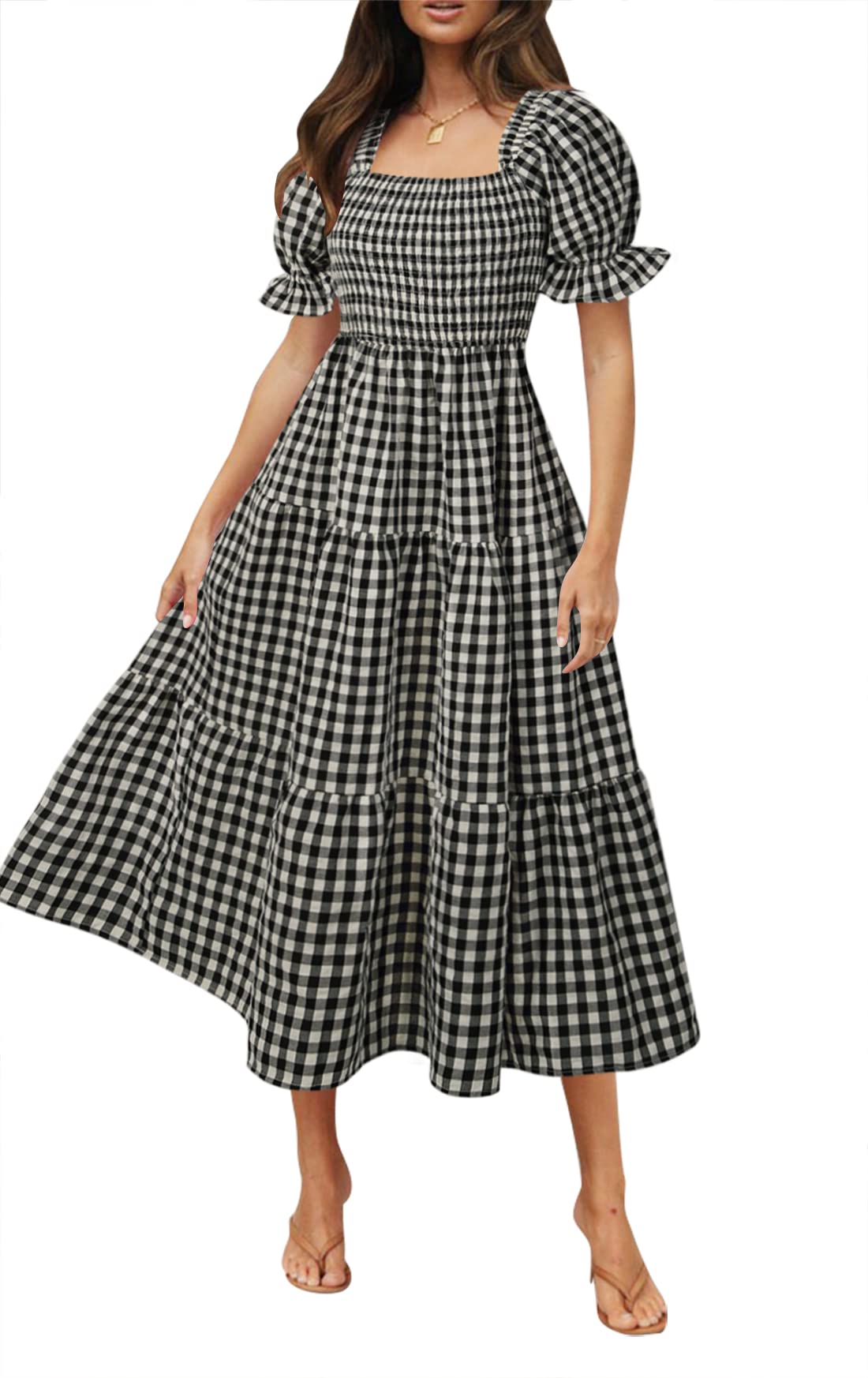 ZESICA Women's 2025 Bohemian Summer Dress - Plaid Square Neck Puff Sleeve Ruffle Flowy Midi Dress for Beach Vacation, Party & Casual Wear