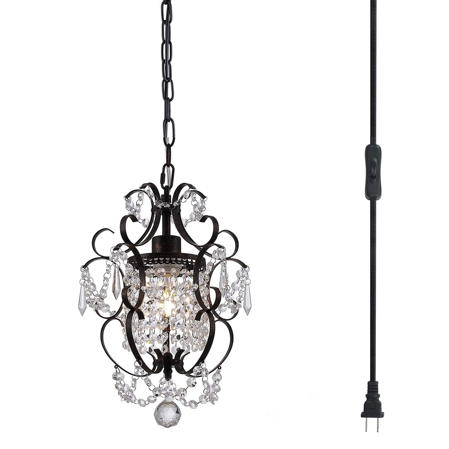 Mini Bronze Crystal Plug-In Chandelier Hanging Light with ON/Off Switch - Elegant Lighting Fixture for Bedroom, Living Room & Dining Room | Perfect for Home Decor, Romantic Ambiance, and Vintage Style Interiors