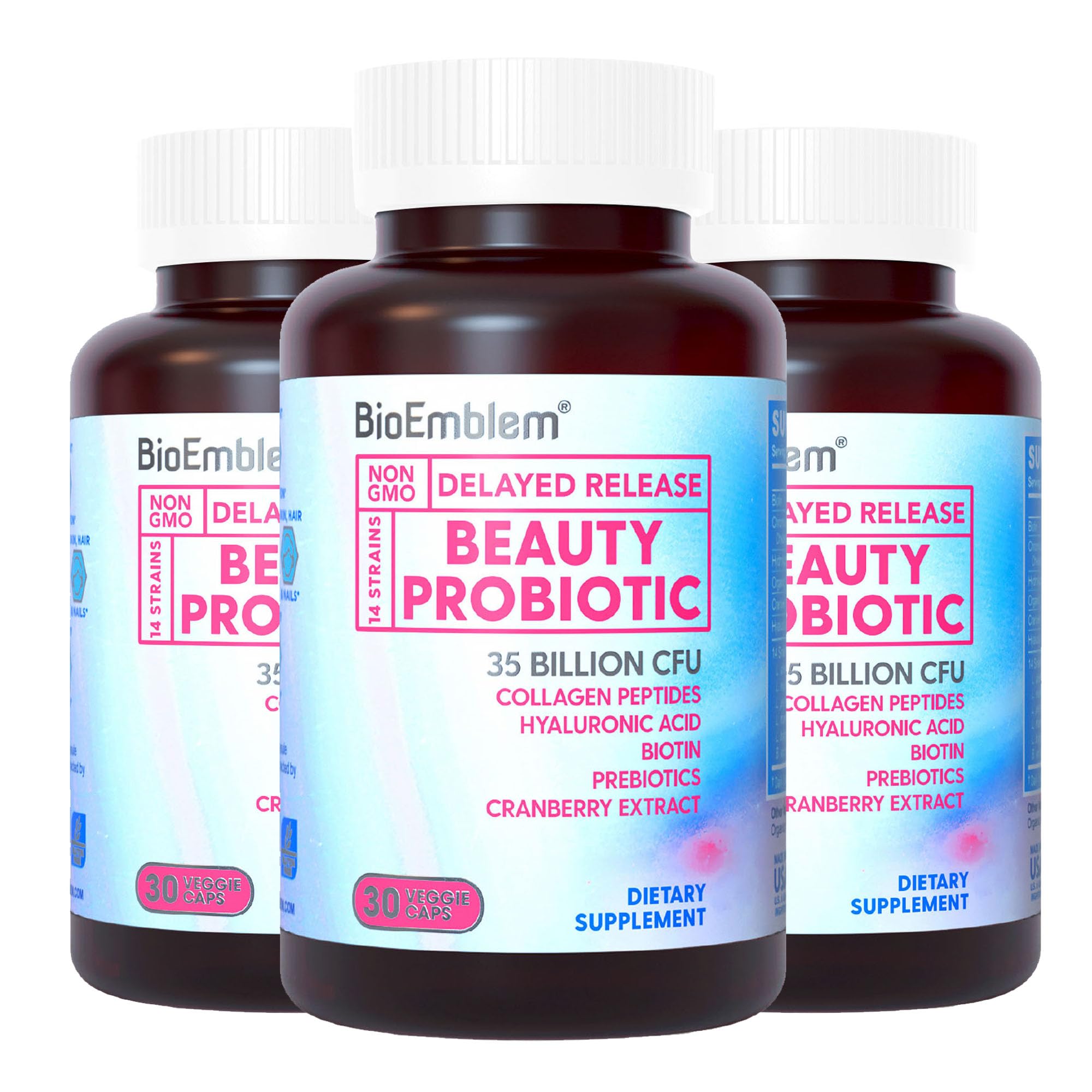 BioEmblem Beauty Probiotics for Women – 35 Billion CFU, 14 Strains with Biotin & Collagen – Digestive Health, Hair, Skin & Nails Support – Vaginal Probiotic Supplement – Shelf Stable – 90 Capsules – Perfect for Daily Wellness & Beauty Routine