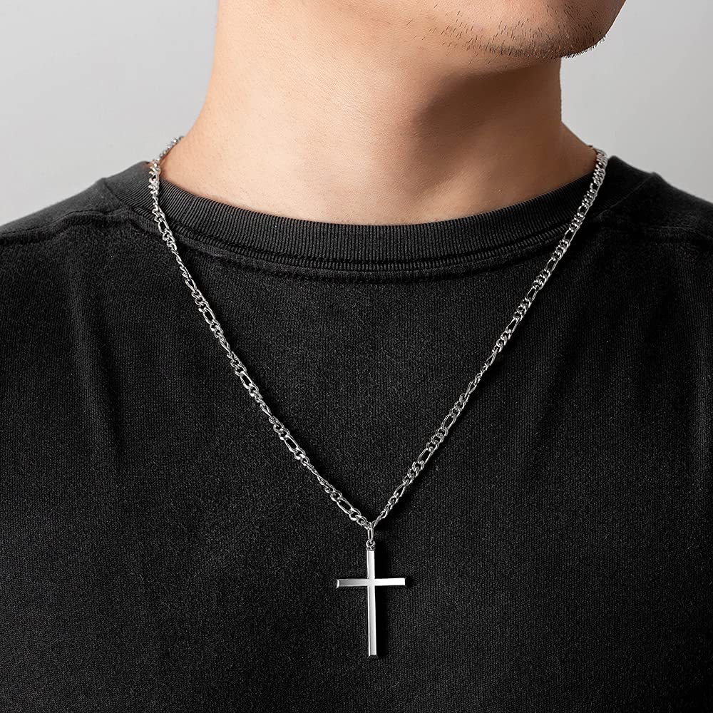 FANCIME 925 Sterling Silver Cross Pendant Necklace for Men - White Gold Plated, 4mm Figaro Chain, 24 Inch - Religious Jewelry Gift for Him - Perfect for Church, Weddings & Everyday Wear