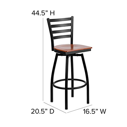 Black Metal Ladder Back Swivel Bar Stool with Cherry Wood Seat - Modern Kitchen Island & Home Bar Stool for Dining & Entertainment Areas