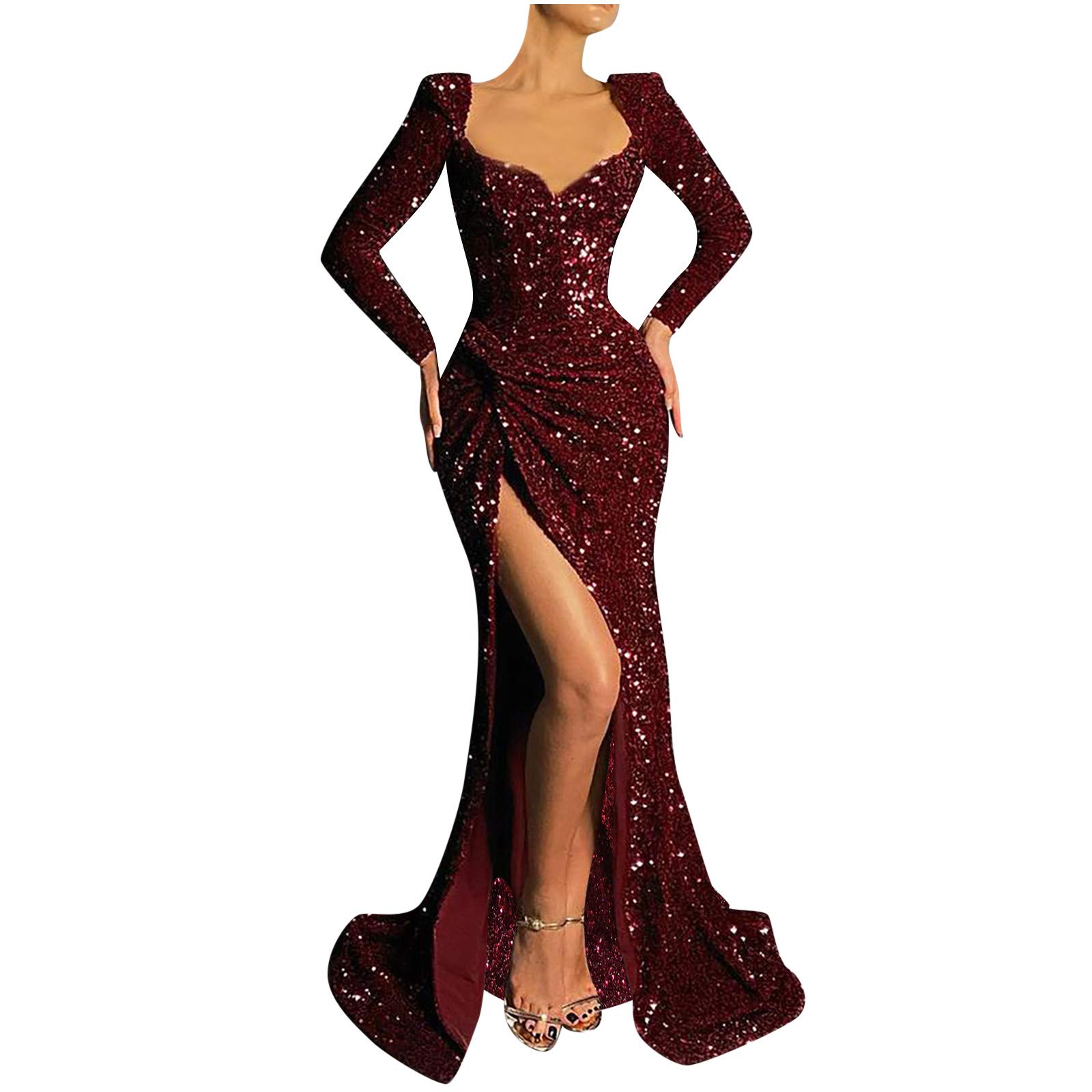 Elegant Long Sleeve Evening Dress with Sequins - Women's Fashion T-Shirt Dress for Party, Date Night & Special Occasions