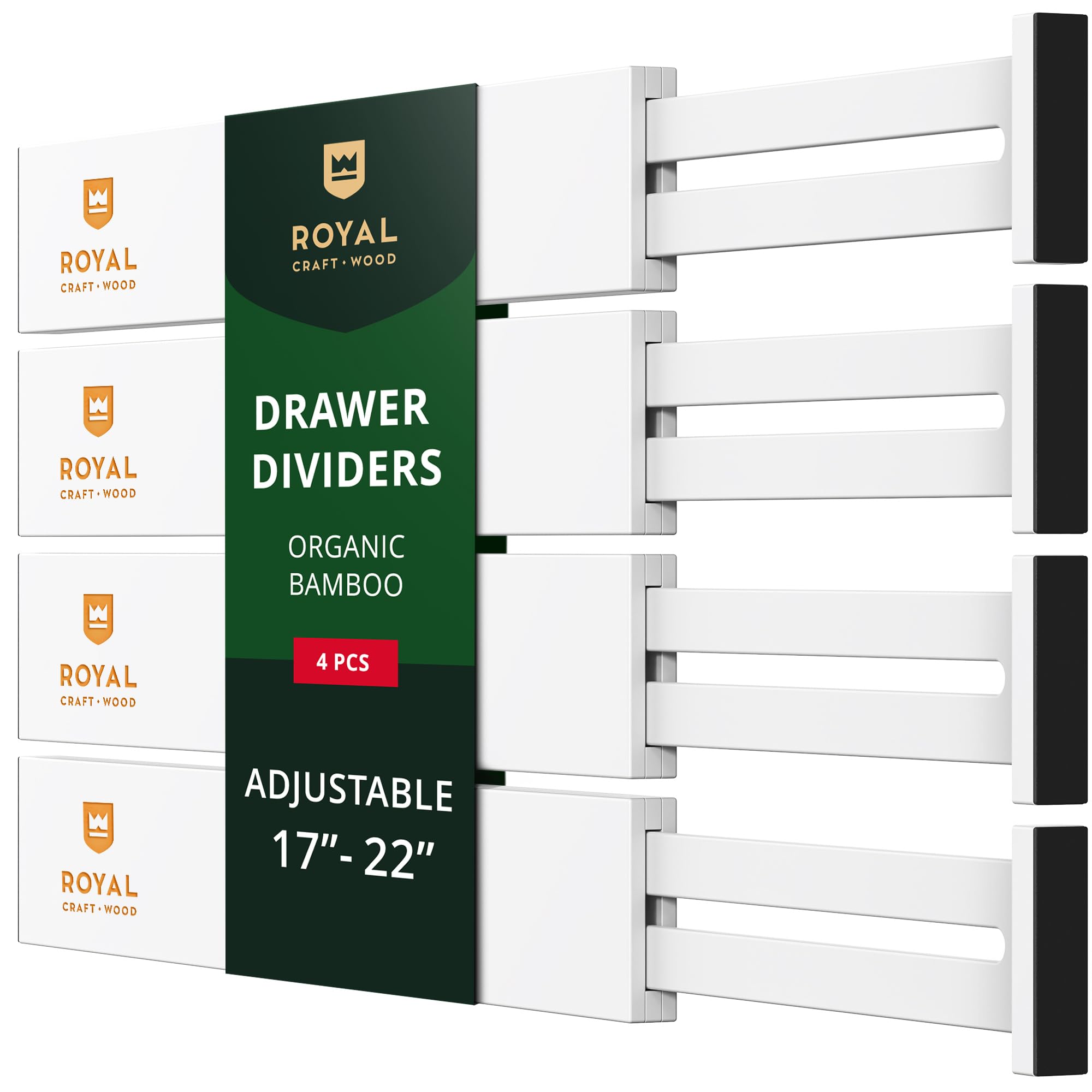 ROYAL CRAFT WOOD Adjustable Bamboo Drawer Organizer - Expandable Kitchen, Bathroom & Office Storage Solution - 4-Pack White Drawer Dividers (Fits up to 22