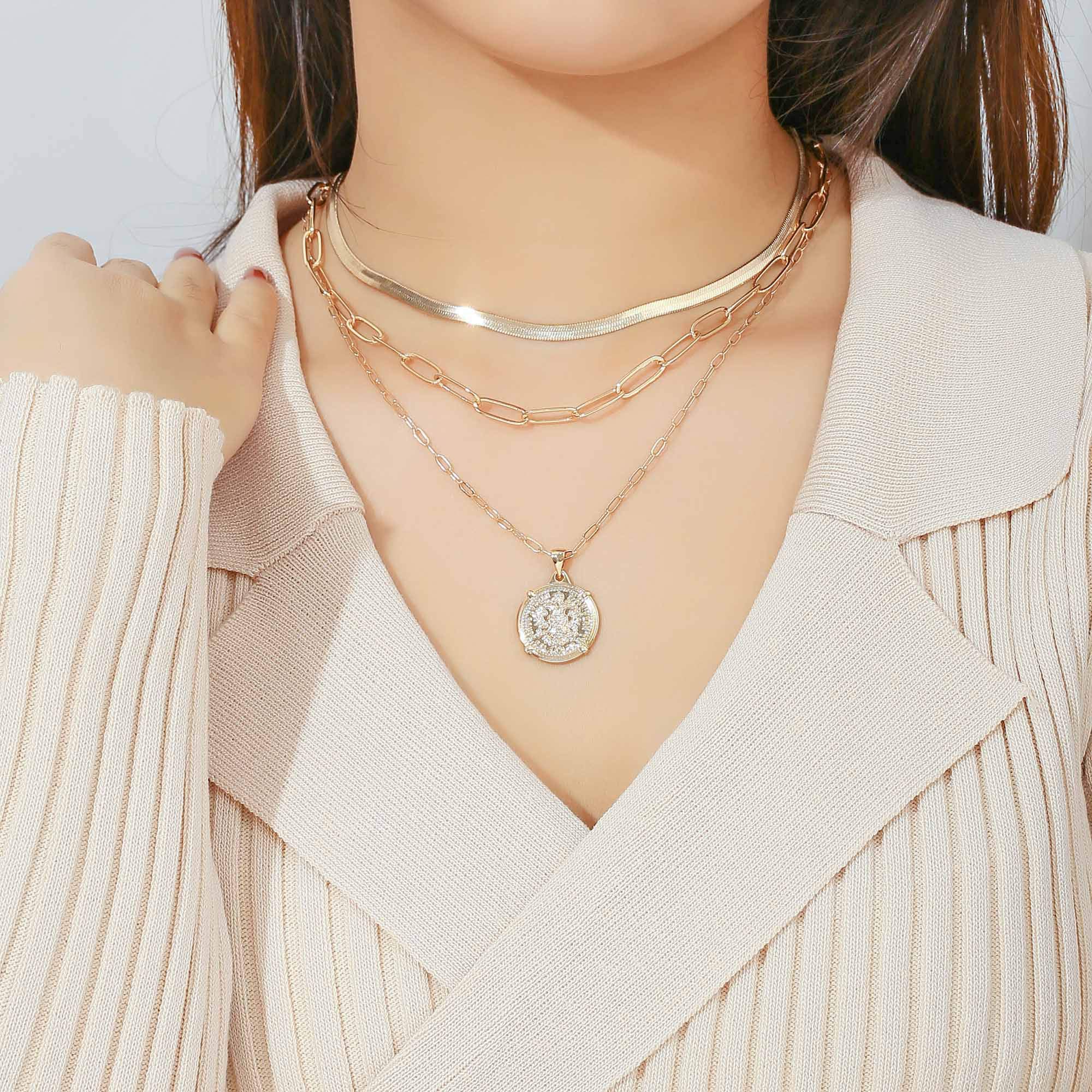 14K Gold Plated Layered Necklace Set for Women - Dainty Coin Pendant, Herringbone & Snake Chain Choker - Elegant Jewelry Gift for Her | Perfect for Date Nights, Office Wear & Special Occasions
