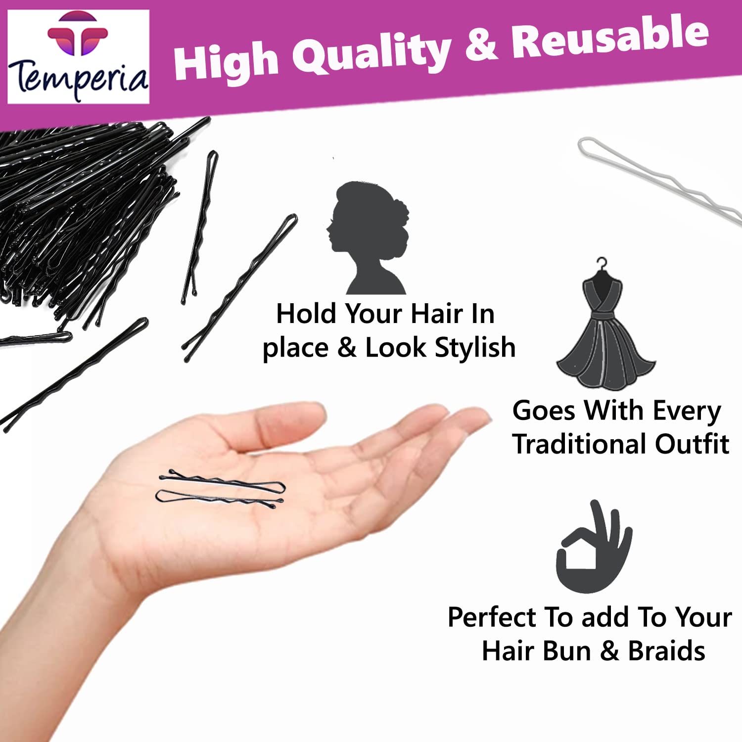 Temperia Bobby Hair Pins for Women & Girls - 100 Pack Small Hair Clips (5cm) | Stylish Hairpins for Hairstyling, Updos & Braids | Hair Accessories for Daily Use, Weddings & Parties (Black)