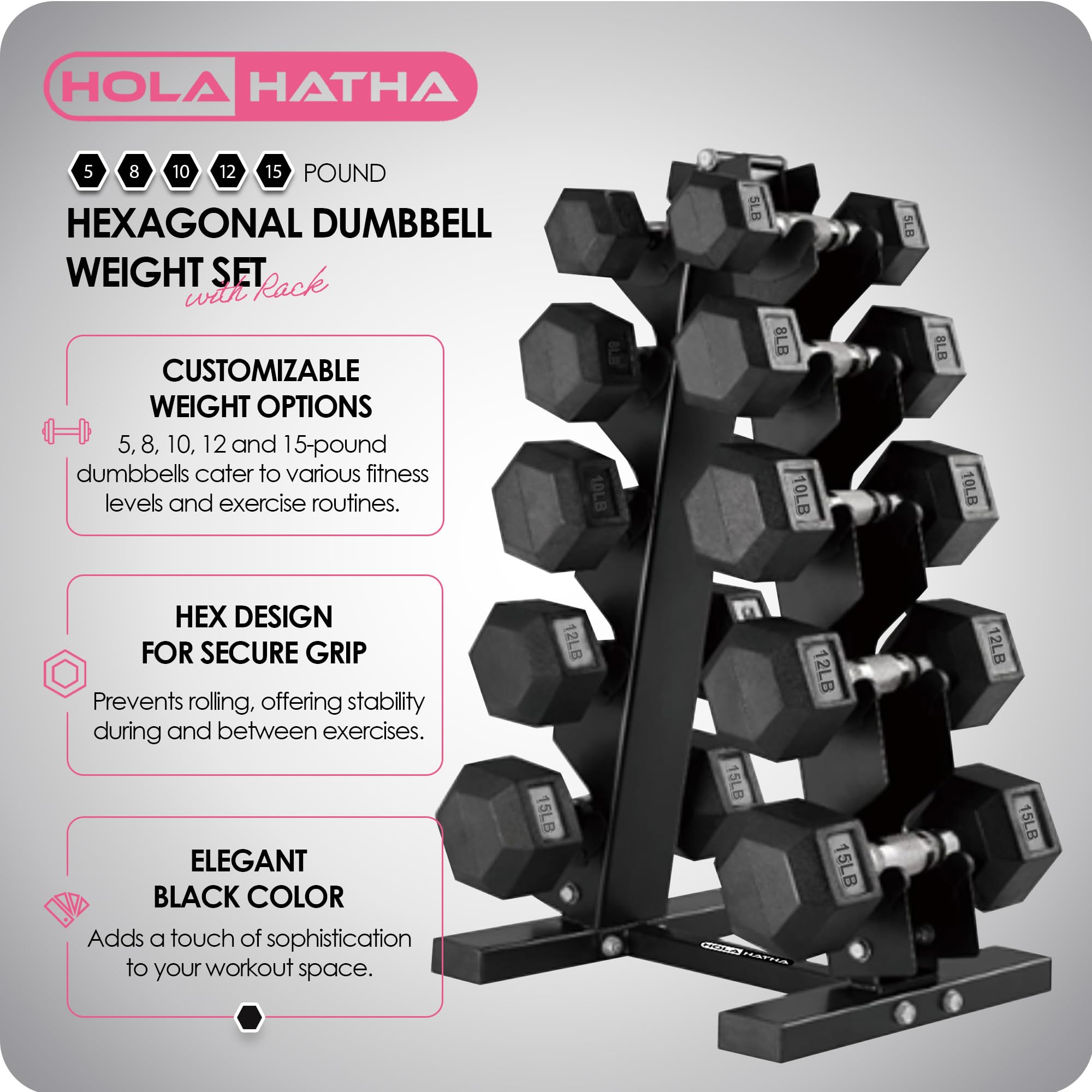 HolaHatha Hexagonal Dumbbell Set with Storage Rack - Free Weight Hand Weights for Home Gym, Strength Training & Fitness Workouts