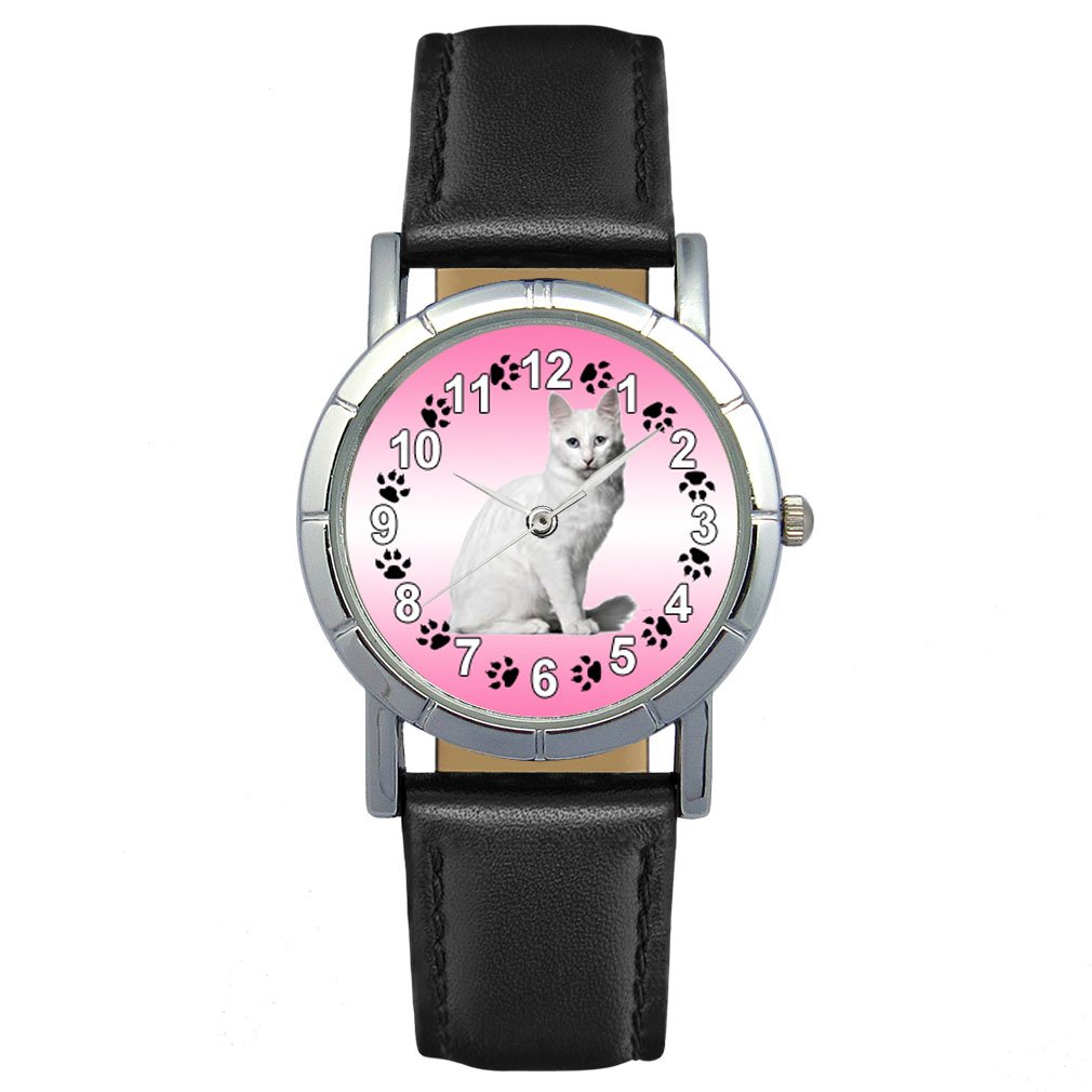 Timest Women's Black Leather Strap Analog Quartz Wrist Watch - Turkish Angora Cat Design - Round Face SA2738 | Perfect for Office, Casual Wear & Gift Giving