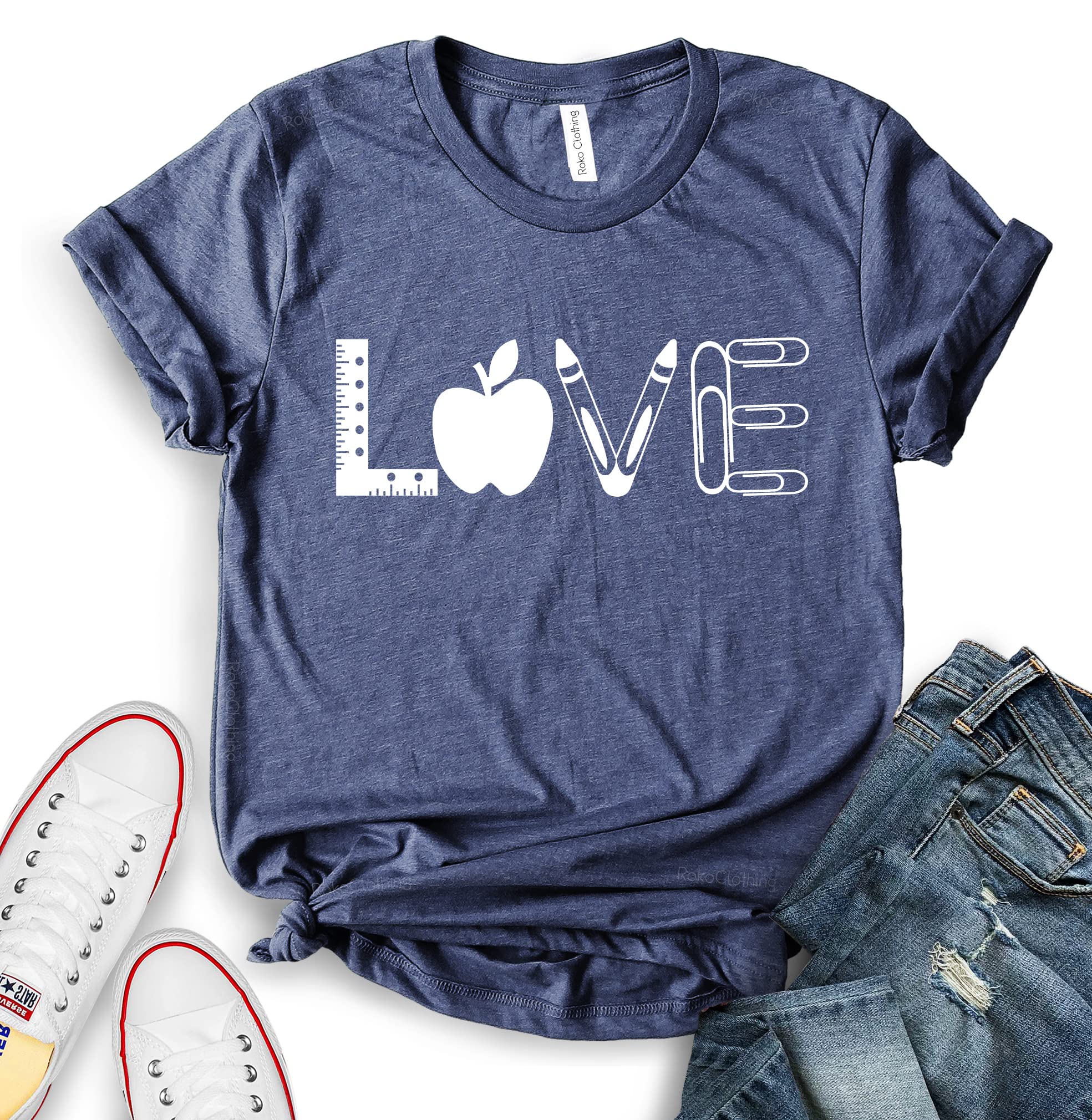 ROKO CLOTHING Women's Love Teacher Graphic Tee - Short Sleeve Letter Printed Casual T-Shirt for Educators & School Staff | Perfect for Teacher Appreciation Week, Classroom Wear & Back to School Outfits