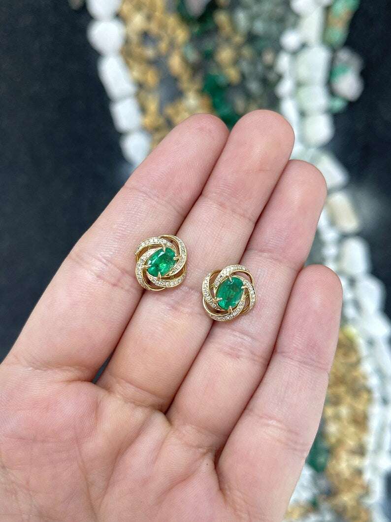 2.31tcw 14K Gold Oval Cut Emerald & Diamond Halo Earrings - Medium Dark Green Gemstone Jewelry for Women, Perfect for Weddings, Parties & Special Occasions