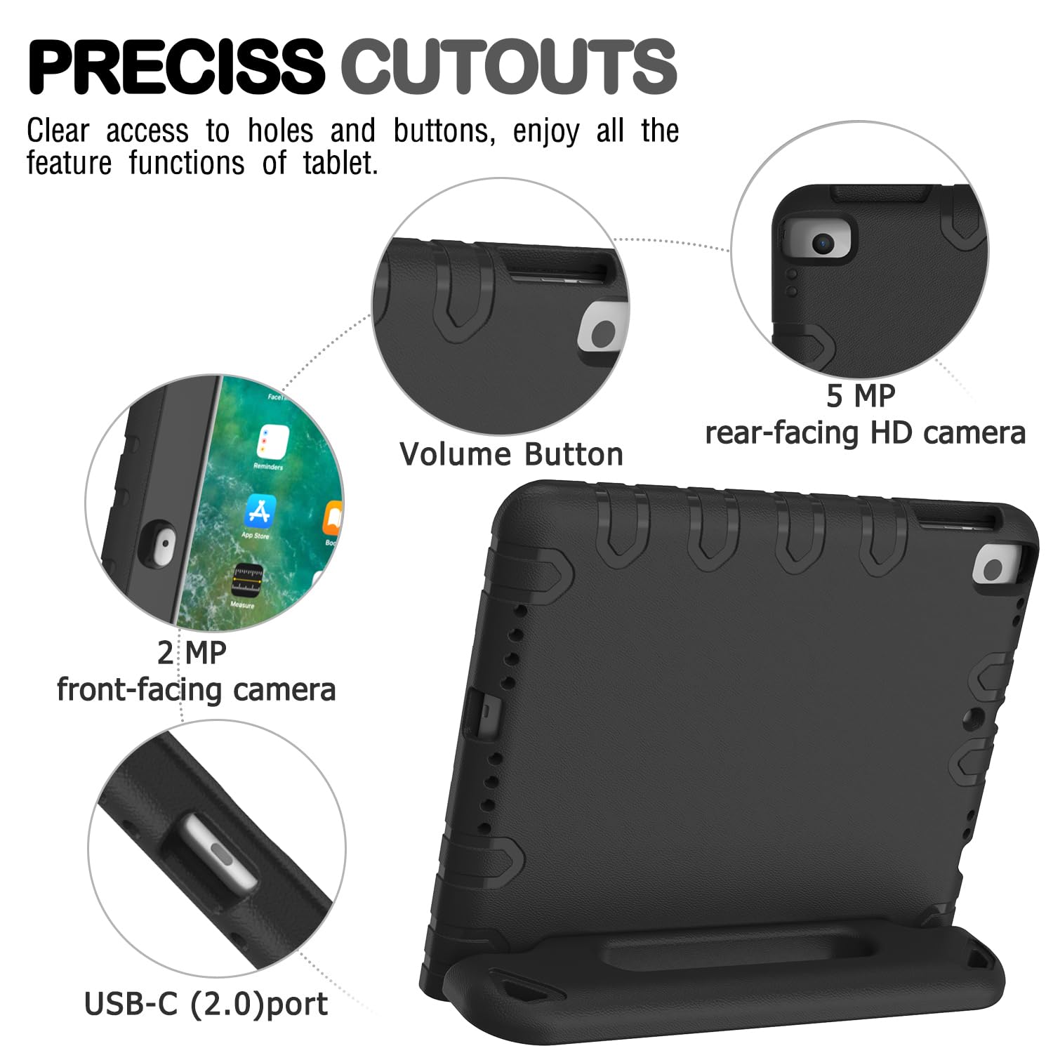 AVAWO Shockproof Kids iPad Case for iPad 9.7 (5th/6th Gen 2017/2018) & iPad Air 2 - Lightweight Convertible Handle Stand Cover with Built-in Screen Protector | Perfect for School, Travel & Home Use (Black)