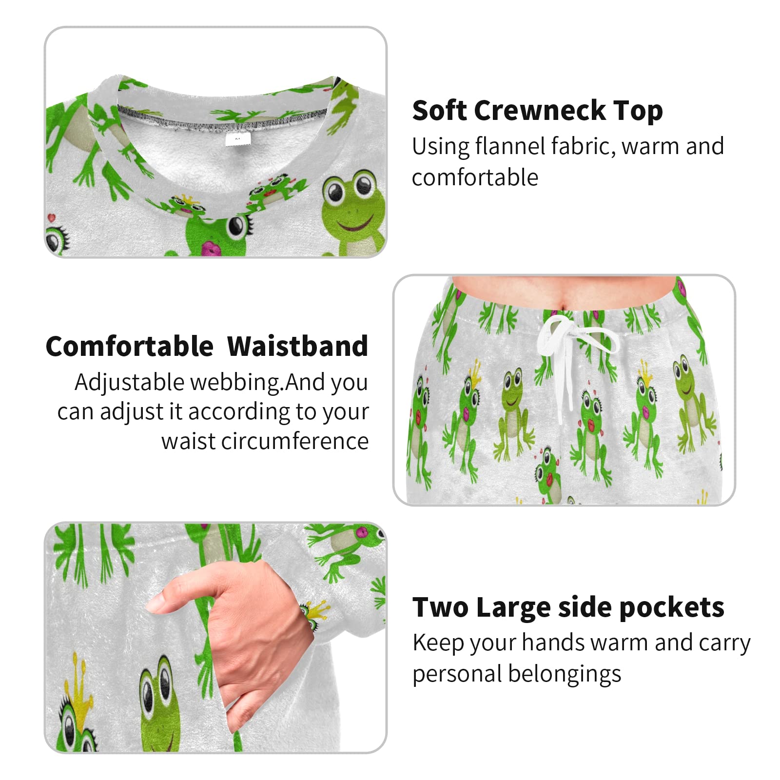Funny Frog Print Flannel Pajama Set for Women - 2 Piece Long Sleeve Sleepwear & Lounge Outfit - Cozy Winter Nightwear for Relaxing at Home or Sleepovers