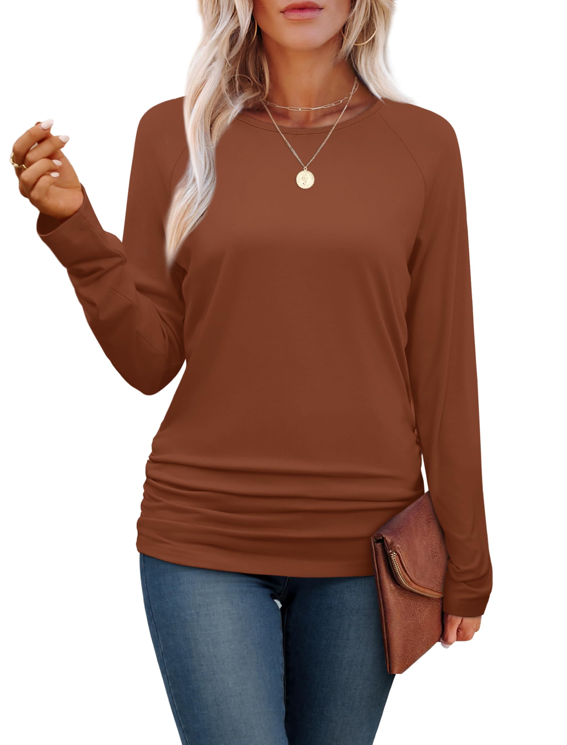 Saloogoe Women's Long Sleeve Crewneck Pleated Button Down Shirt - Elegant Casual Blouse for Work, Office & Everyday Wear