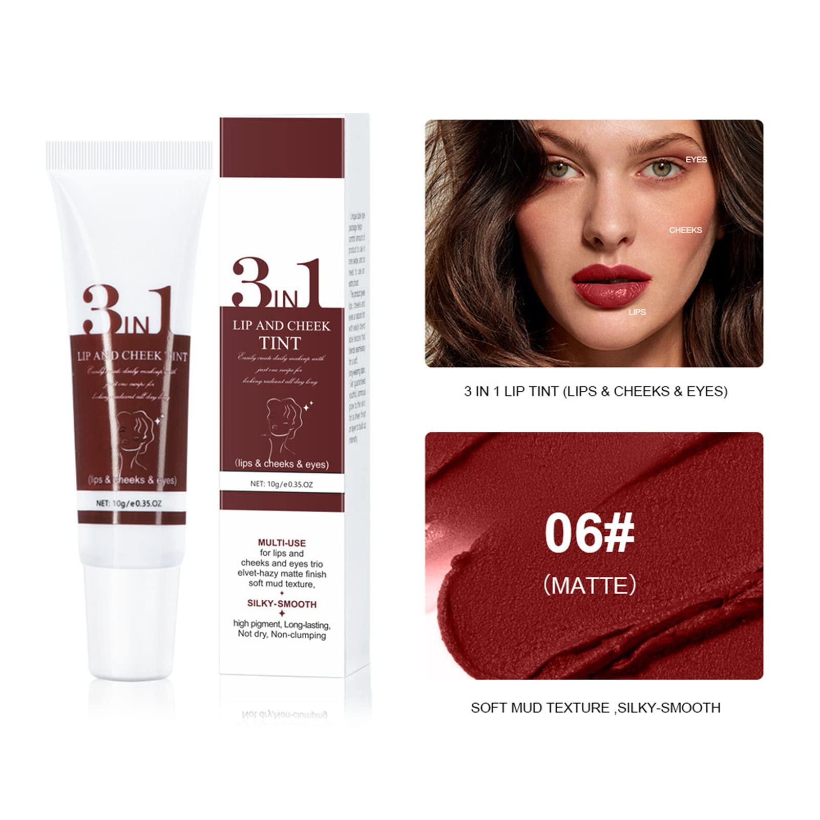 Long Lasting 3-in-1 Lip Tint & Cheek Stain, Vegan & Cruelty-Free Lip Mud (#6) - Perfect for Holiday Parties, Date Nights & Everyday Glam Makeup