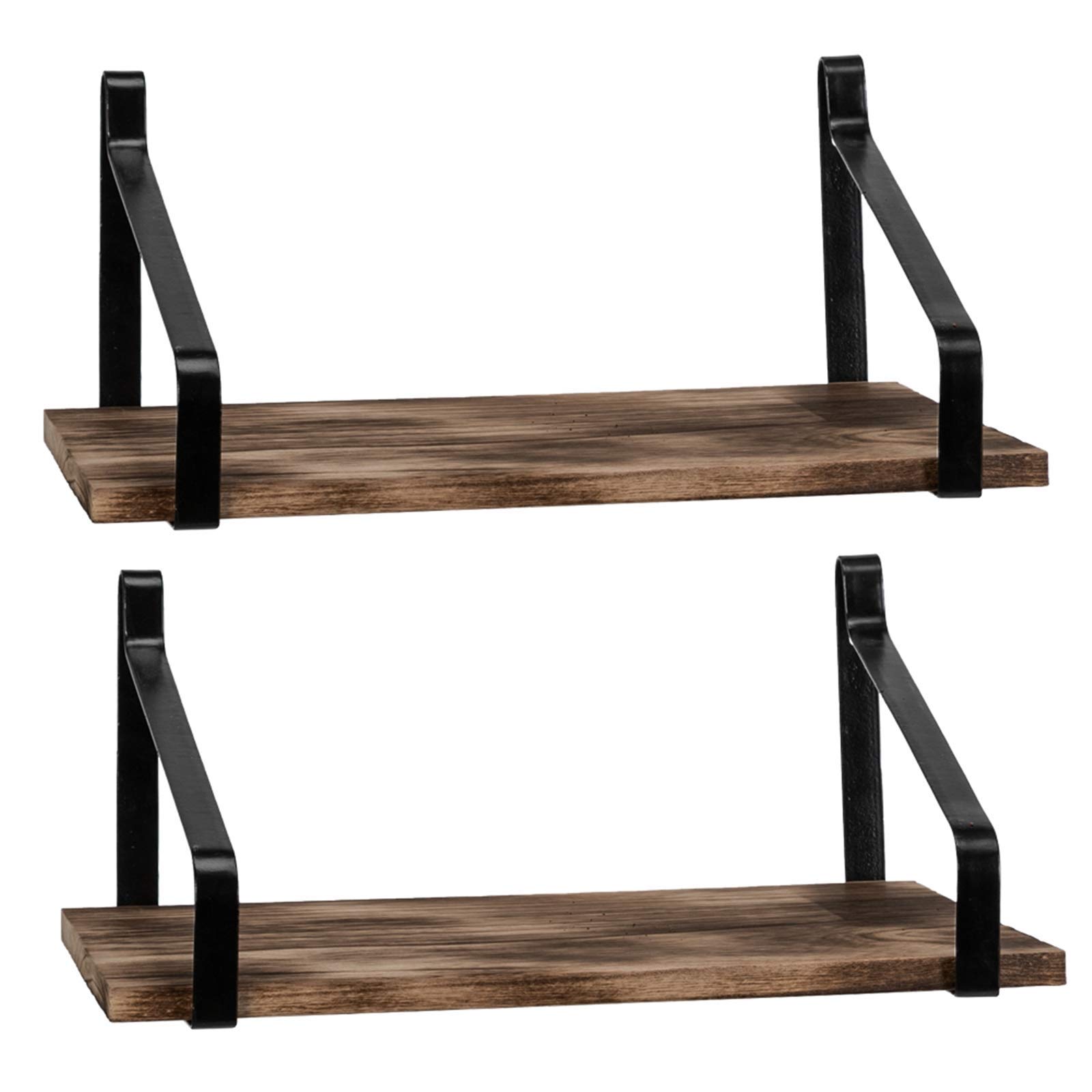 Rustic Industrial Wood Wall Shelves Set of 2 - Farmhouse Style Floating Shelves with Iron Pipe Brackets - Modern Home Decor for Living Room, Bedroom & Office Storage